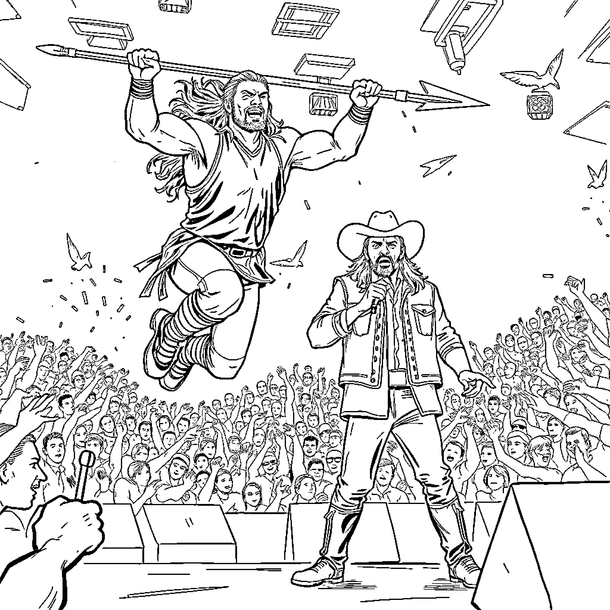 Roman Reigns in an intense performance on stage Coloring Page (free black-and-white line drawing printable PDF for all, from beginners to advanced learners, including children, teens, adults, and seniors)