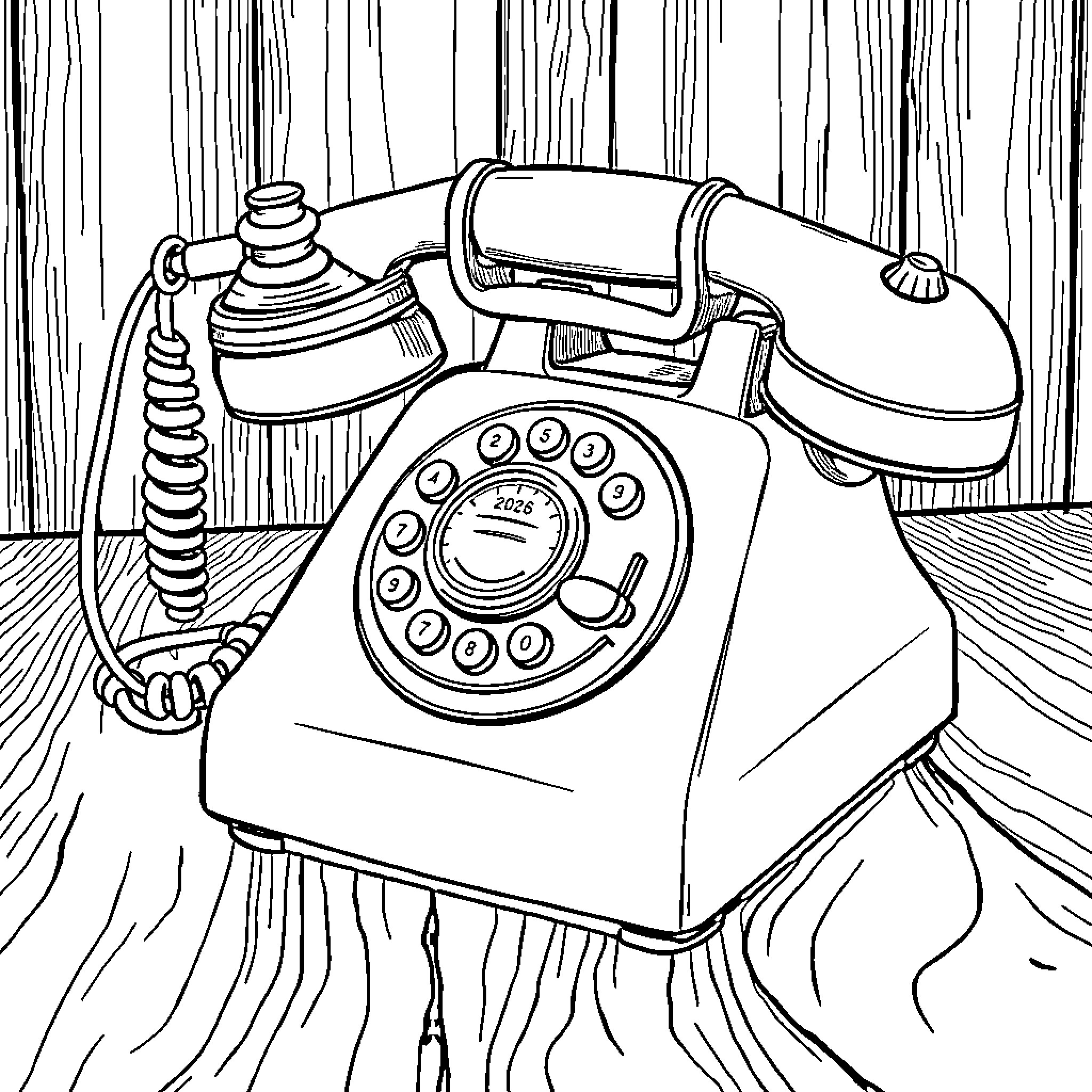 Telephone with retro-styled details Coloring Page (free black-and-white line drawing printable PDF for all, from beginners to advanced learners, including children, teens, adults, and seniors)