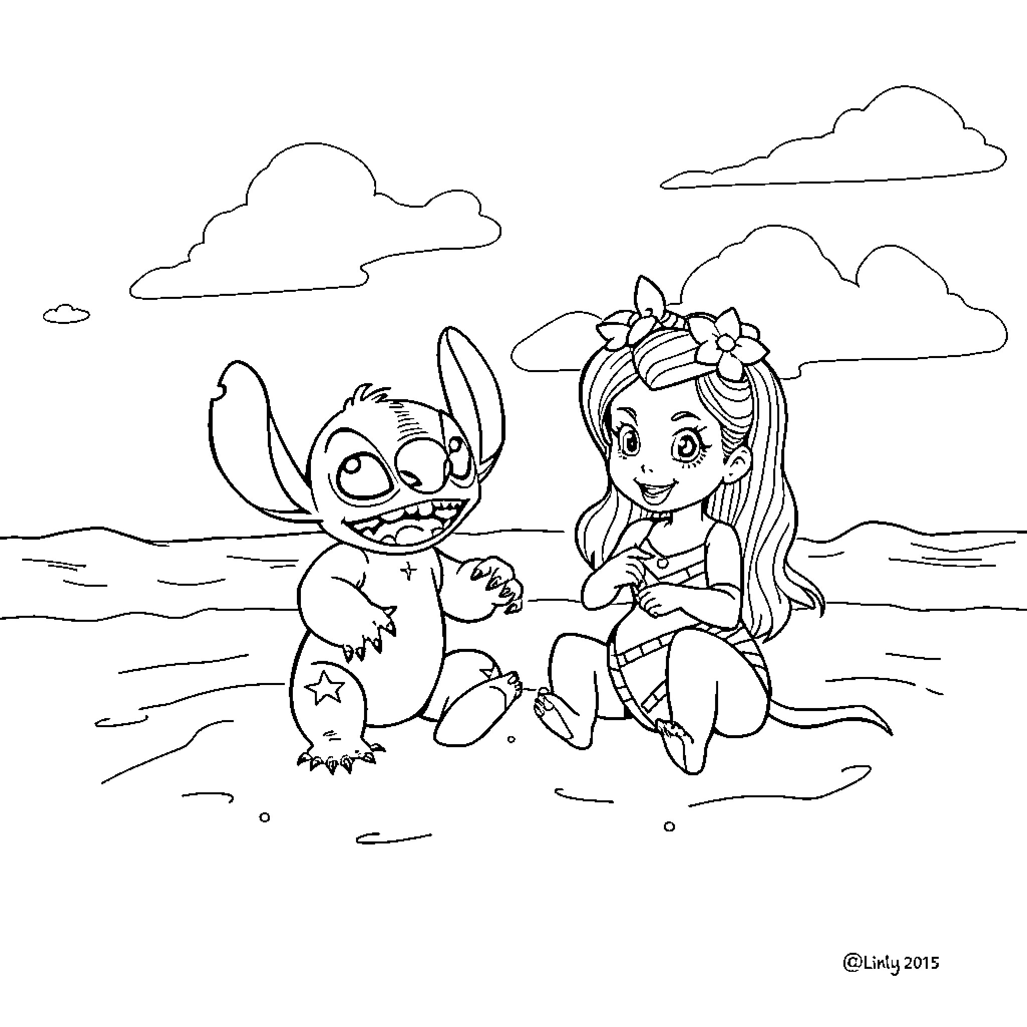 Stitch and Girl Sitting on Beach Coloring Page (free black-and-white line drawing printable PDF for all, from beginners to advanced learners, including children, teens, adults, and seniors)