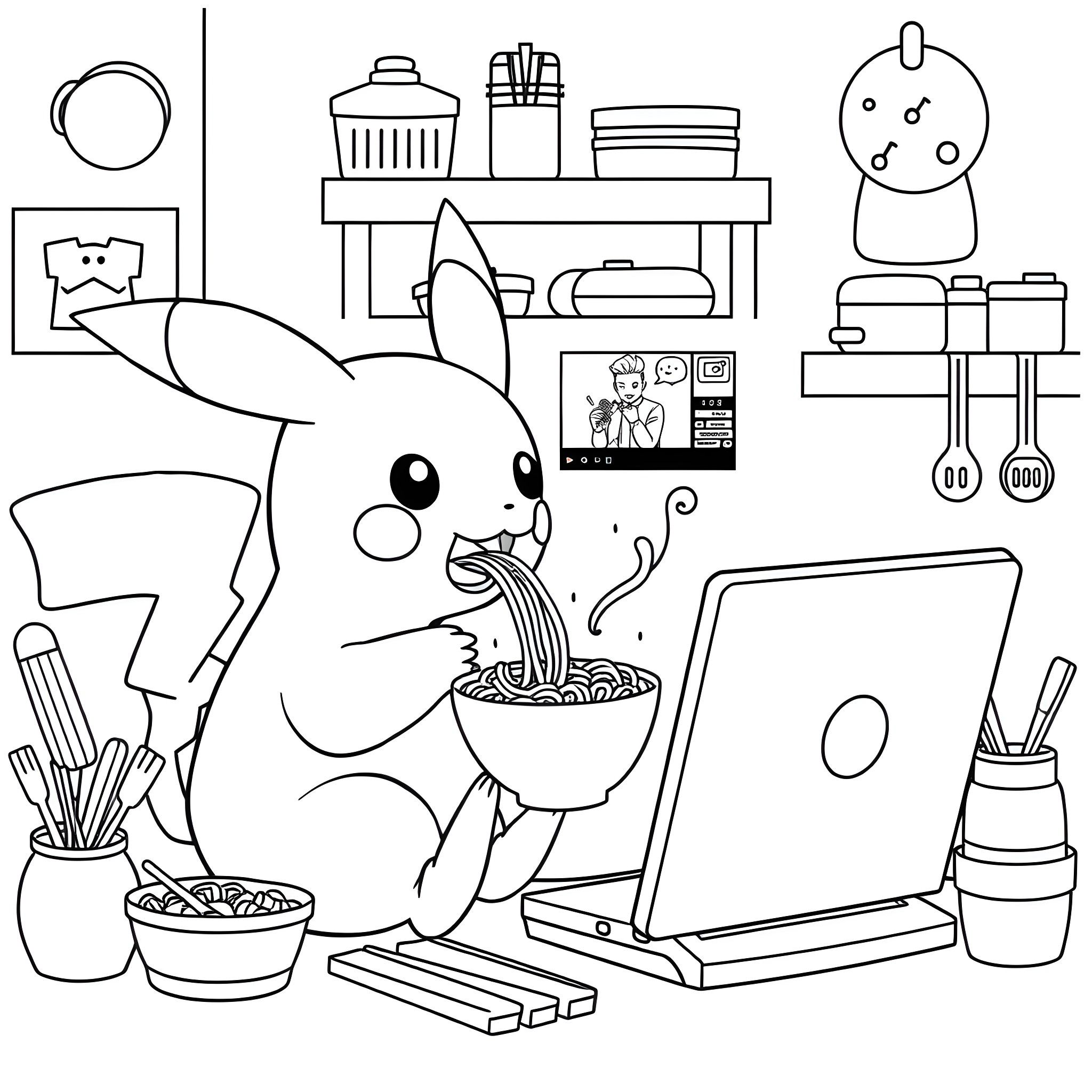 Pokémon Enjoying a Snack in Creative Workspace Coloring Page (free black-and-white line drawing printable PDF for all, from beginners to advanced learners, including children, teens, adults, and seniors)