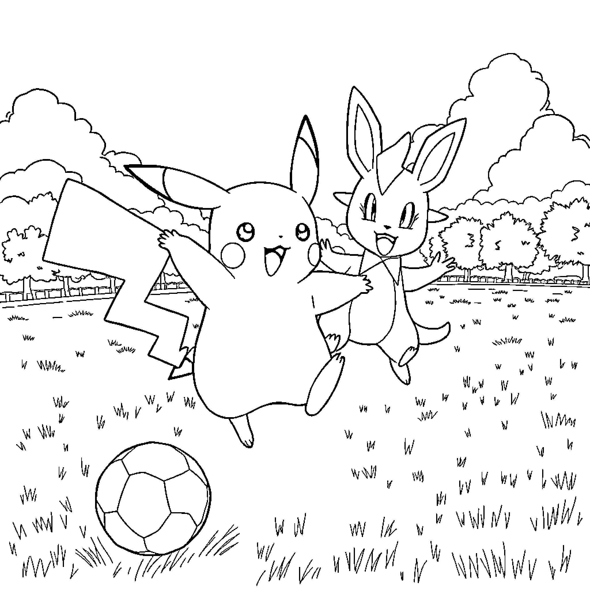 Pikachu and Bunny Playing with Ball in Meadow Coloring Page (free black-and-white line drawing printable PDF for all, from beginners to advanced learners, including children, teens, adults, and seniors)