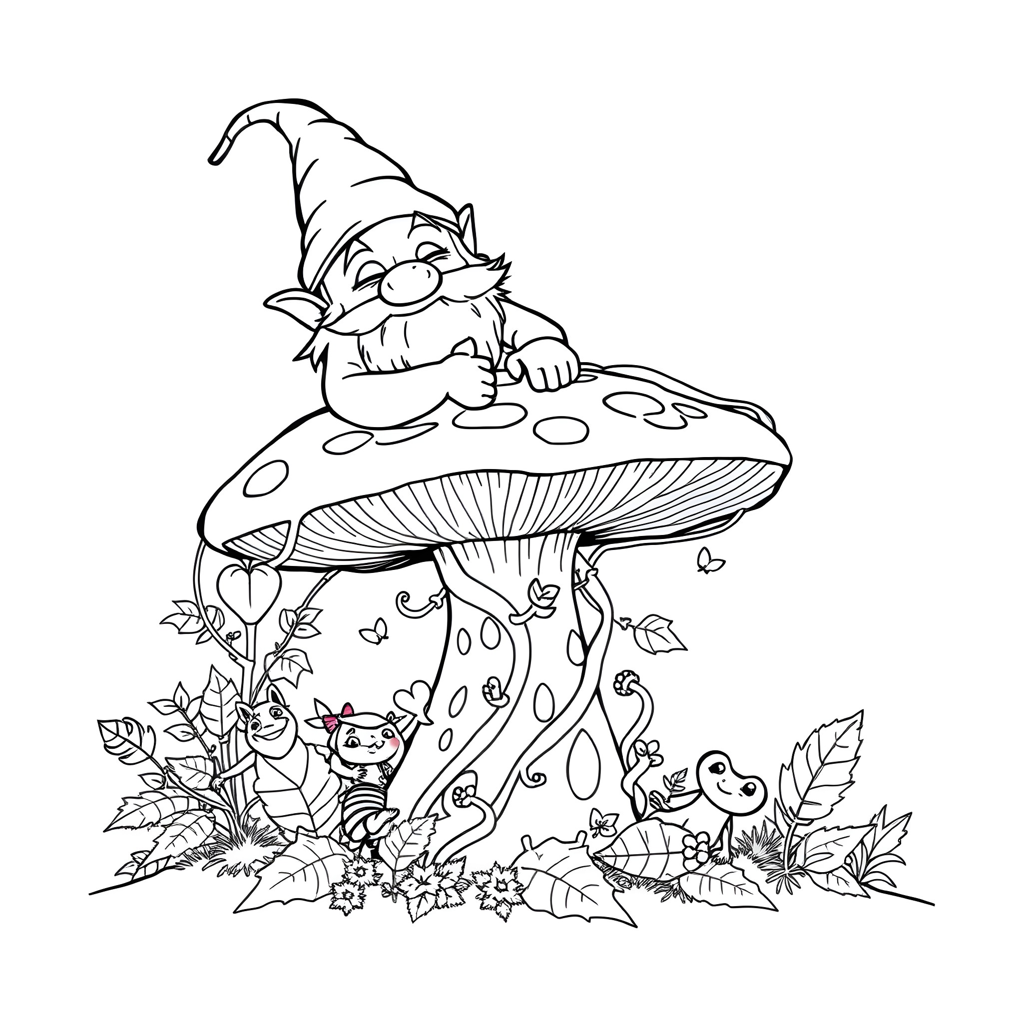 Gnome sitting on a magical mushroom in a fantasy forest Coloring Page (free black-and-white line drawing printable PDF for all, from beginners to advanced learners, including children, teens, adults, and seniors)