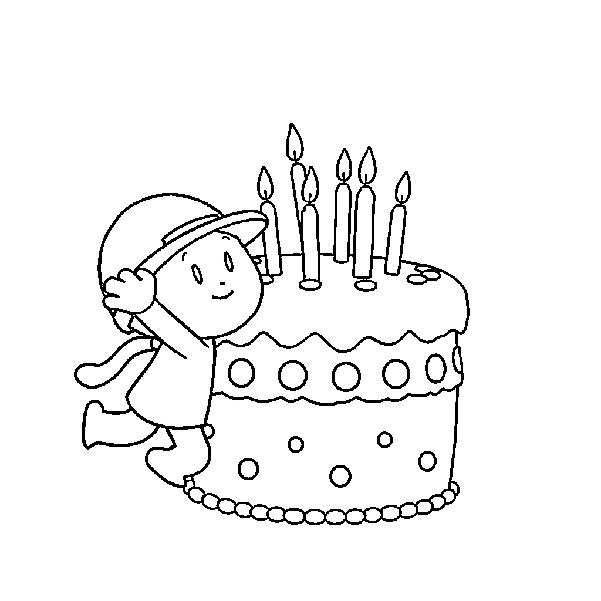 Pocoyo celebrates birthday with cake and candles Coloring Page (free black-and-white line drawing printable PDF for all, from beginners to advanced learners, including children, teens, adults, and seniors)