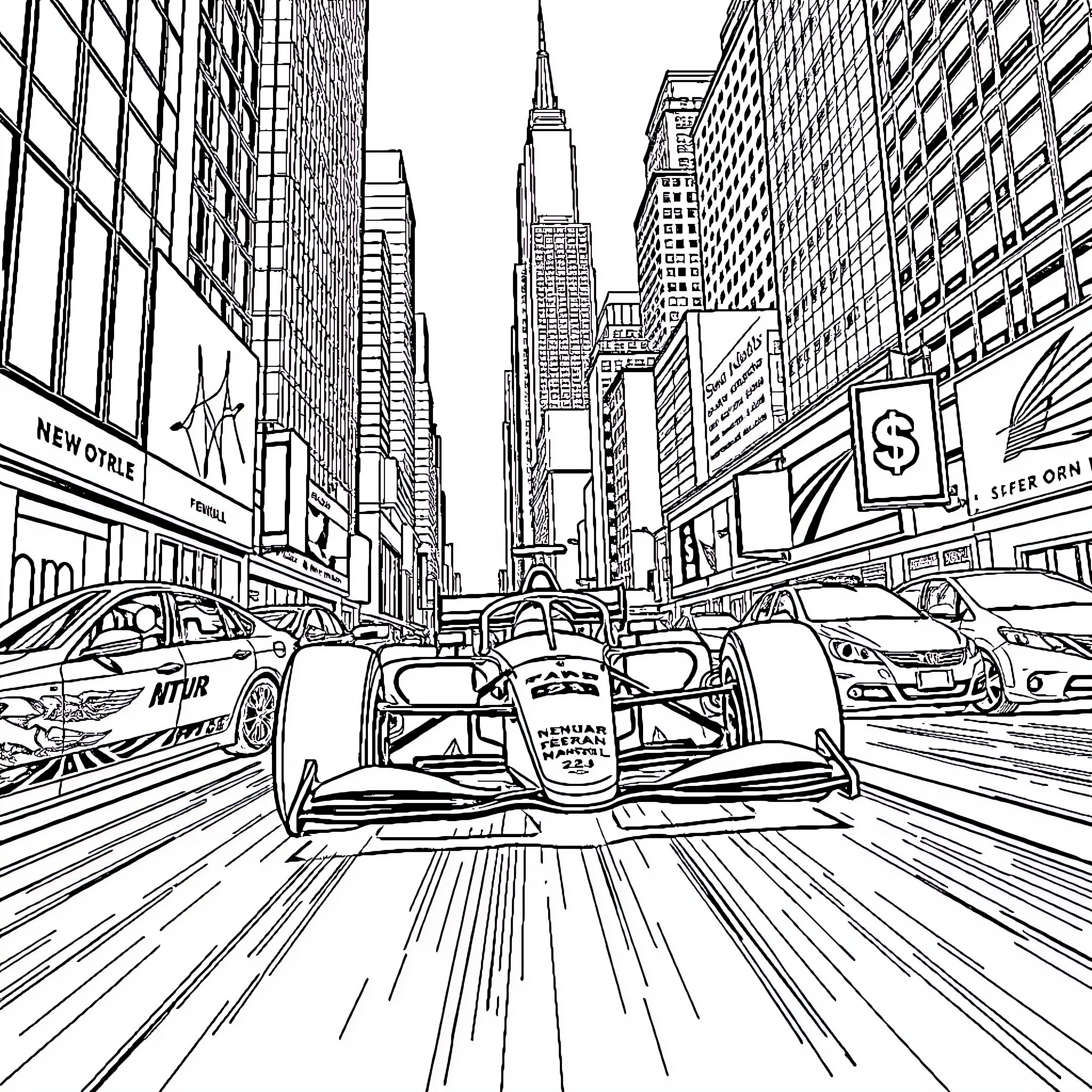 Formula 1 Car Racing Through the Streets of New York City Coloring Page (free black-and-white line drawing printable PDF for all, from beginners to advanced learners, including children, teens, adults, and seniors)