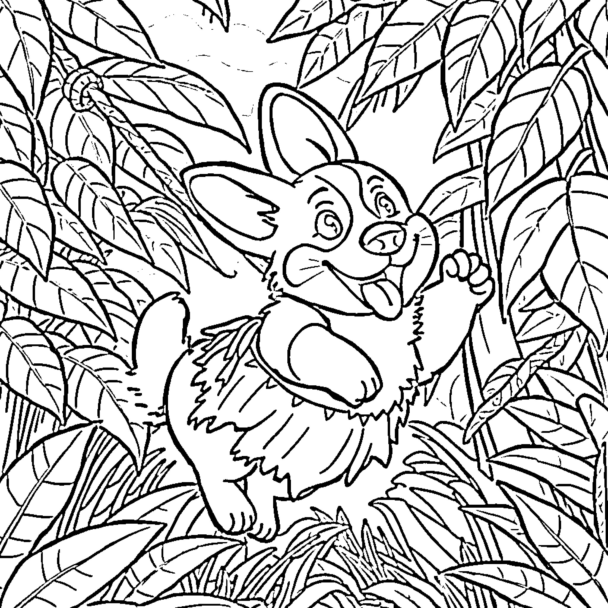 Corgi pup exploring the jungle foliage Coloring Page (free black-and-white line drawing printable PDF for all, from beginners to advanced learners, including children, teens, adults, and seniors)