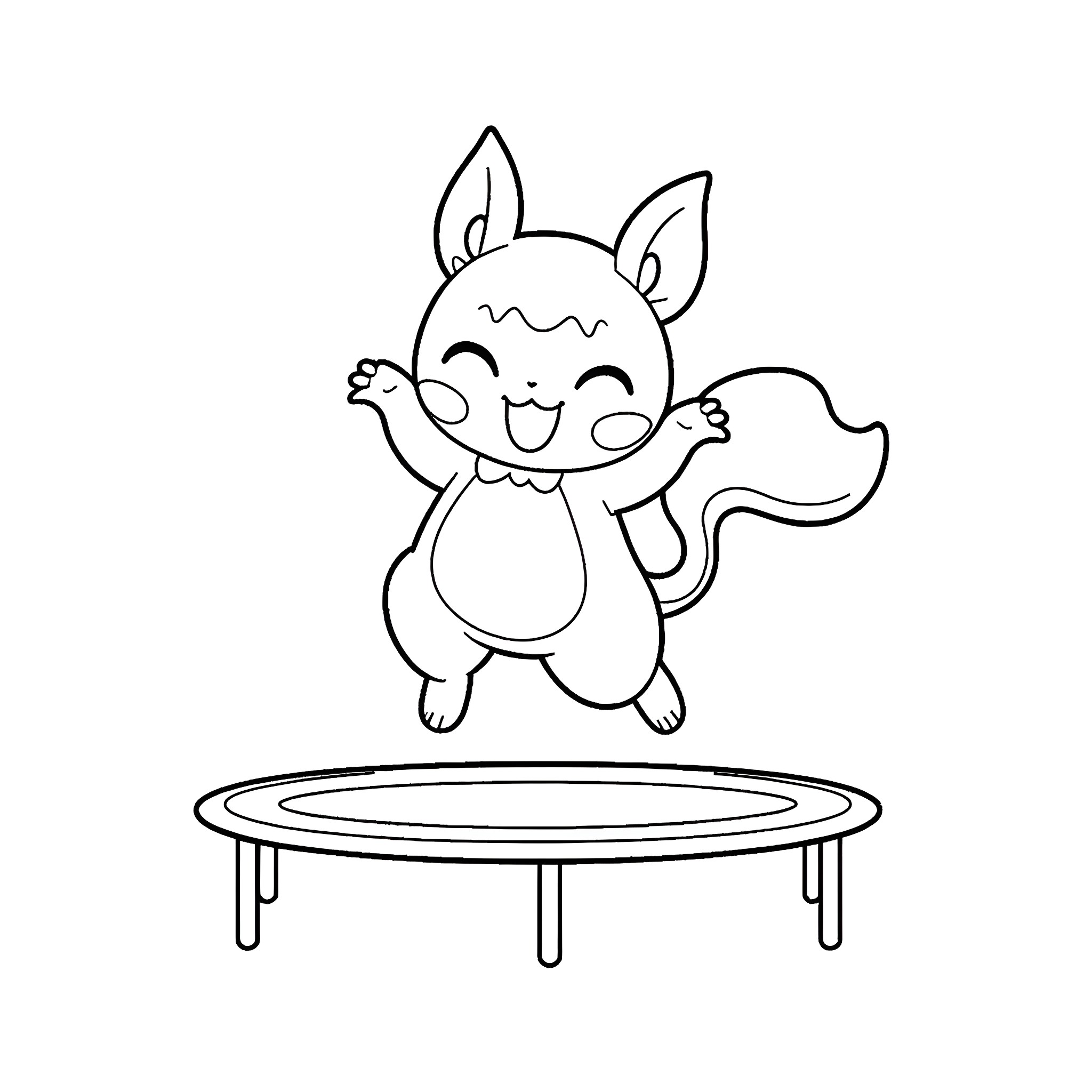 Machamp happily bouncing on a trampoline Coloring Page (free black-and-white line drawing printable PDF for all, from beginners to advanced learners, including children, teens, adults, and seniors)