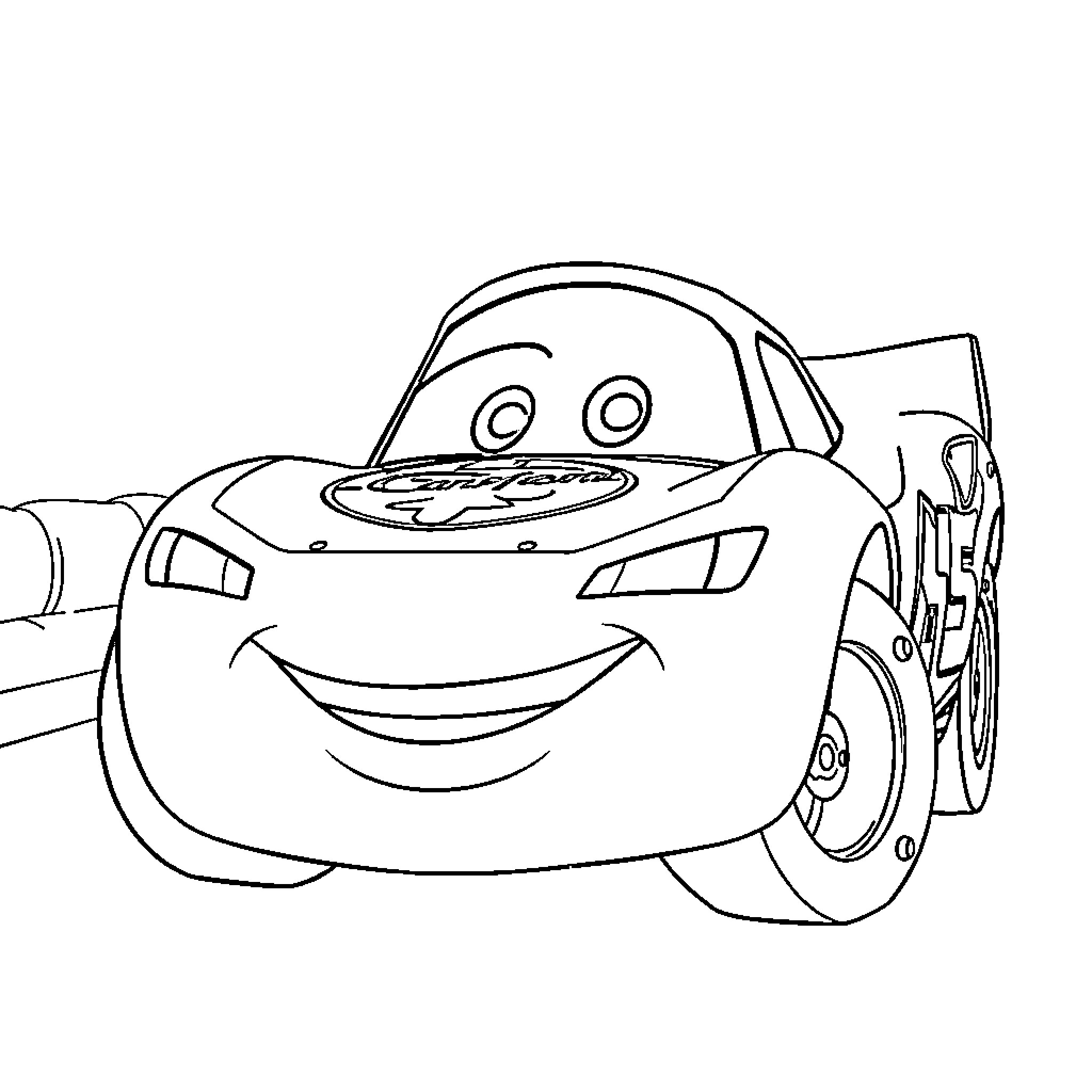 Lightning McQueen smiling and racing Coloring Page (free black-and-white line drawing printable PDF for all, from beginners to advanced learners, including children, teens, adults, and seniors)