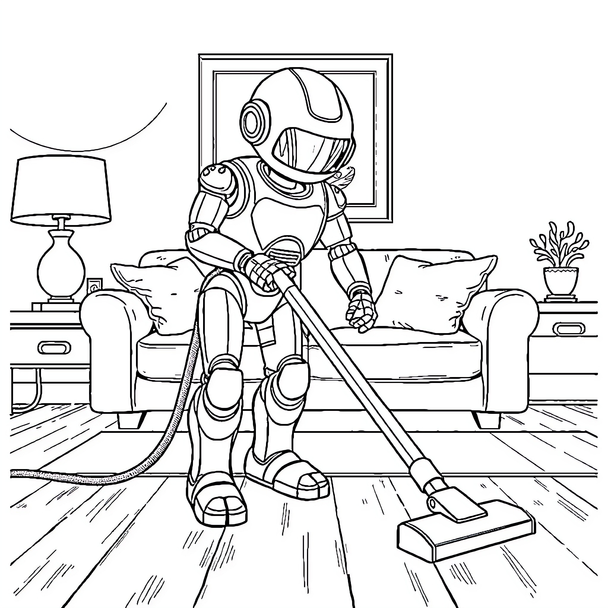 Robot Vacuuming Living Room Diligently Coloring Page (free black-and-white line drawing printable PDF for all, from beginners to advanced learners, including children, teens, adults, and seniors)