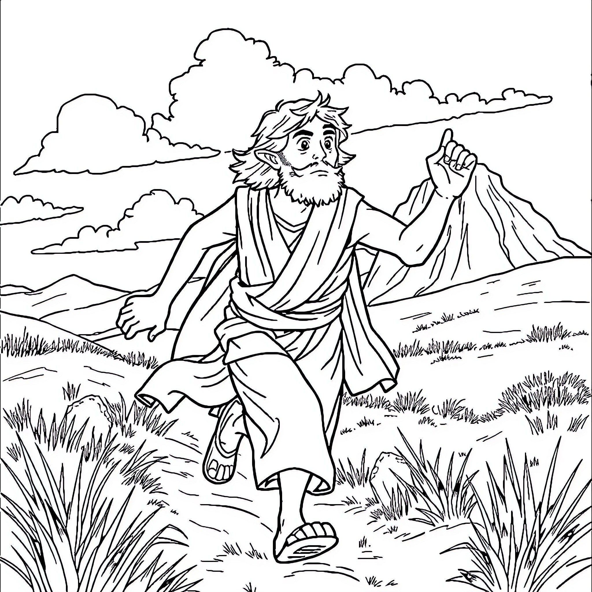 Jacob Journeying Through the Mountainous Landscape Coloring Page (free black-and-white line drawing printable PDF for all, from beginners to advanced learners, including children, teens, adults, and seniors)