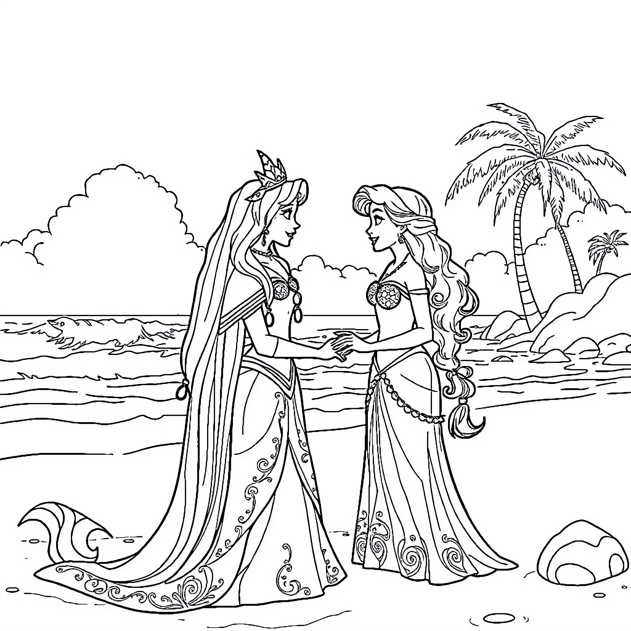 Queen's Tropical Encounter on the Beach Coloring Page (free black-and-white line drawing printable PDF for all, from beginners to advanced learners, including children, teens, adults, and seniors)