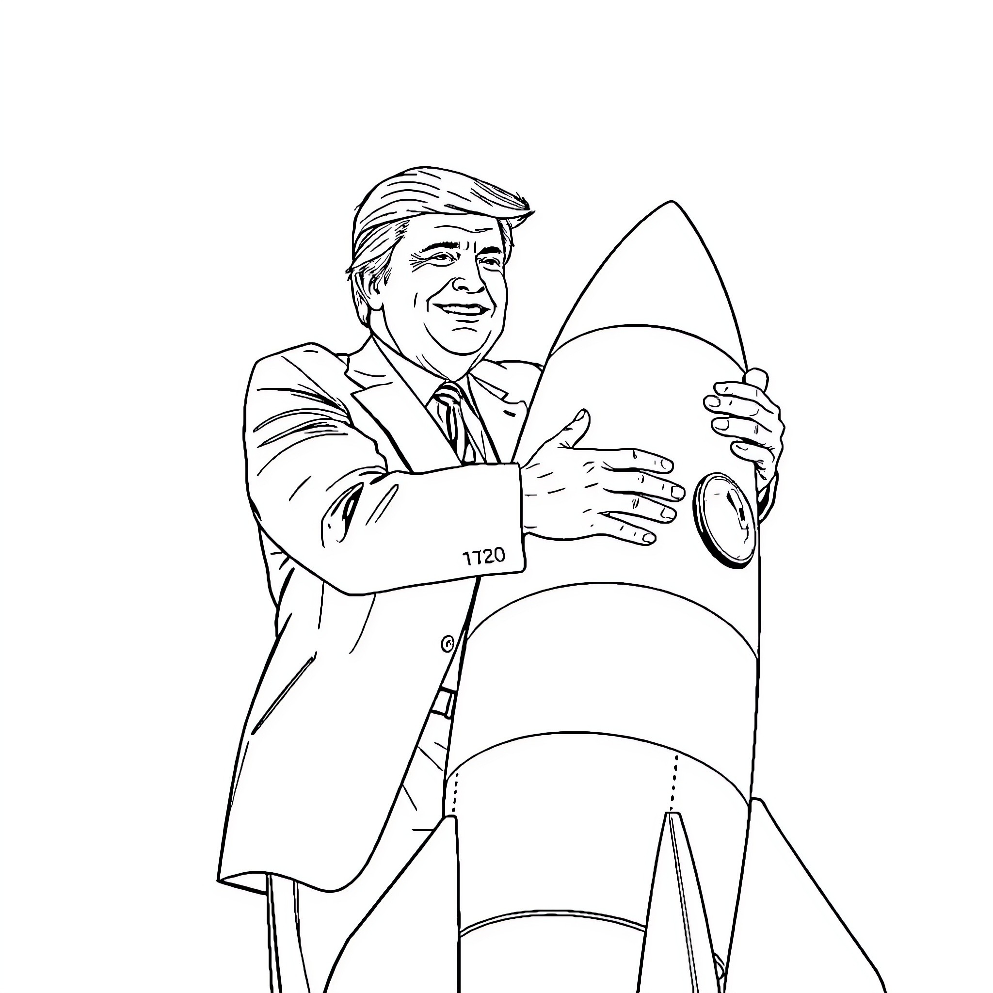 Donald Trump embracing a rocket with determination Coloring Page (free black-and-white line drawing printable PDF for all, from beginners to advanced learners, including children, teens, adults, and seniors)