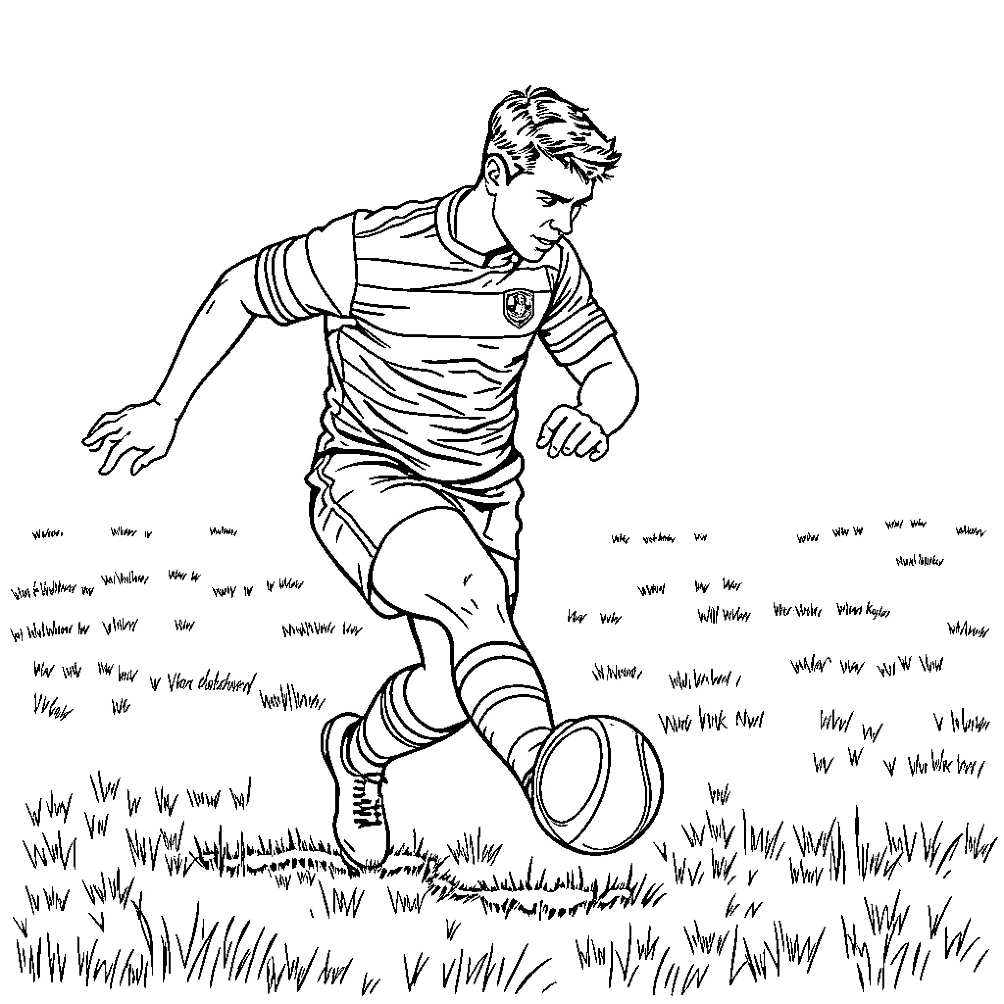 Rugby Player Dribbling the Ball on the Field Coloring Page (free black-and-white line drawing printable PDF for all, from beginners to advanced learners, including children, teens, adults, and seniors)