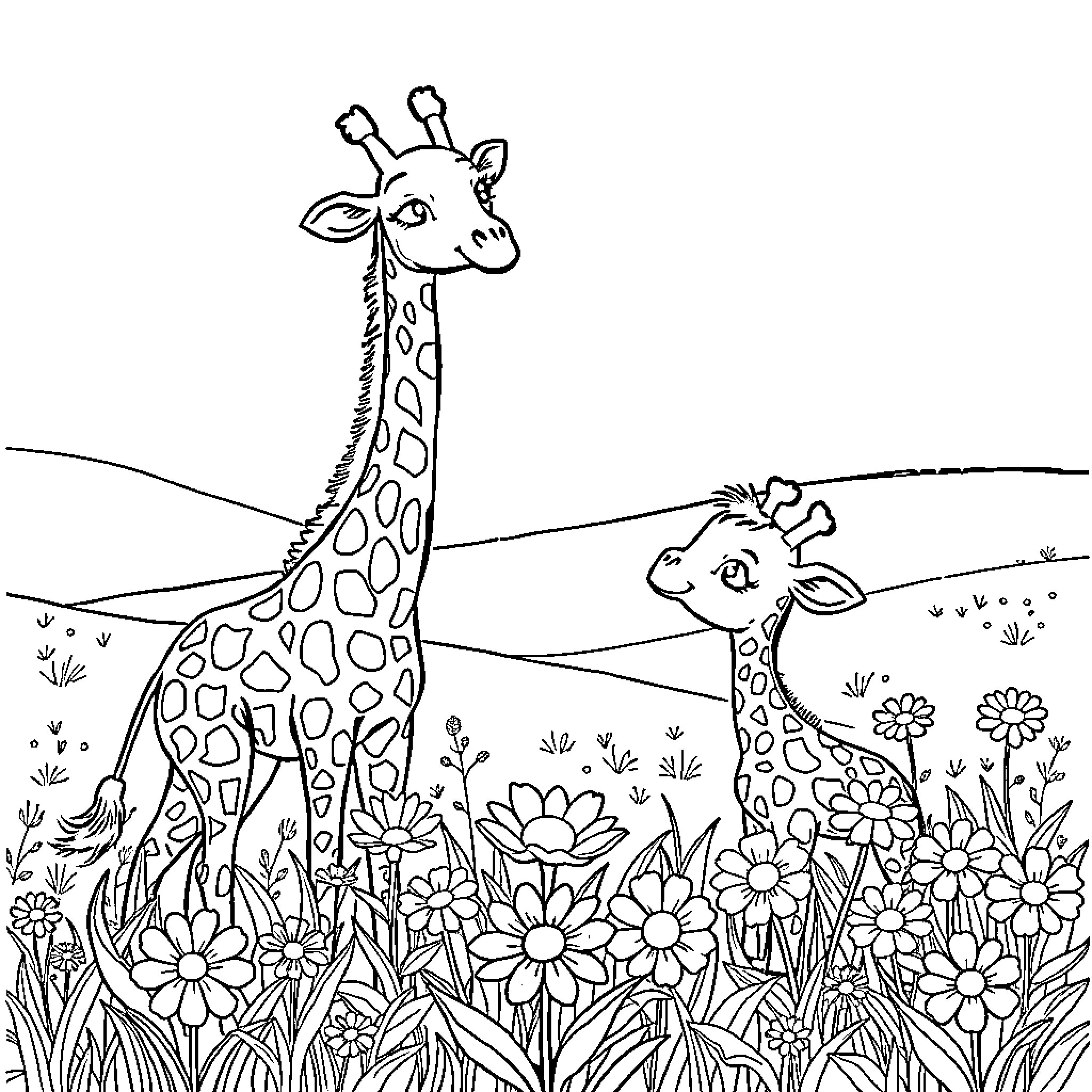 Giraffes amidst a floral garden Coloring Page (free black-and-white line drawing printable PDF for all, from beginners to advanced learners, including children, teens, adults, and seniors)