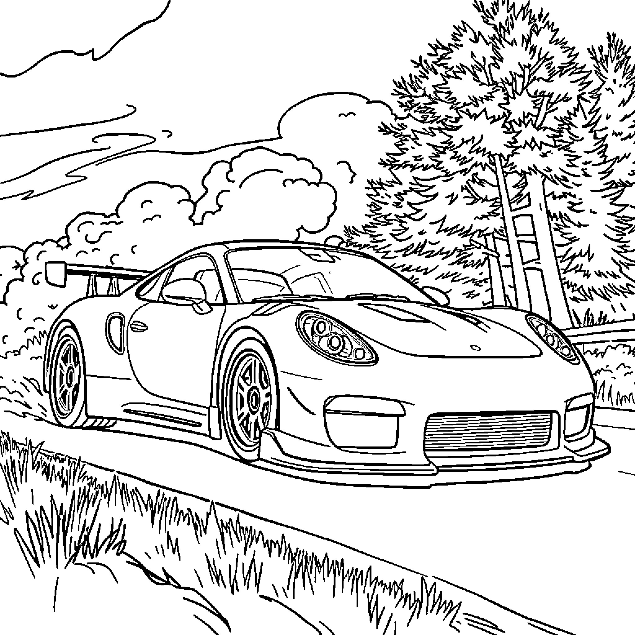 Auto Sports Car Racing Through Countryside Coloring Page (free black-and-white line drawing printable PDF for all, from beginners to advanced learners, including children, teens, adults, and seniors)