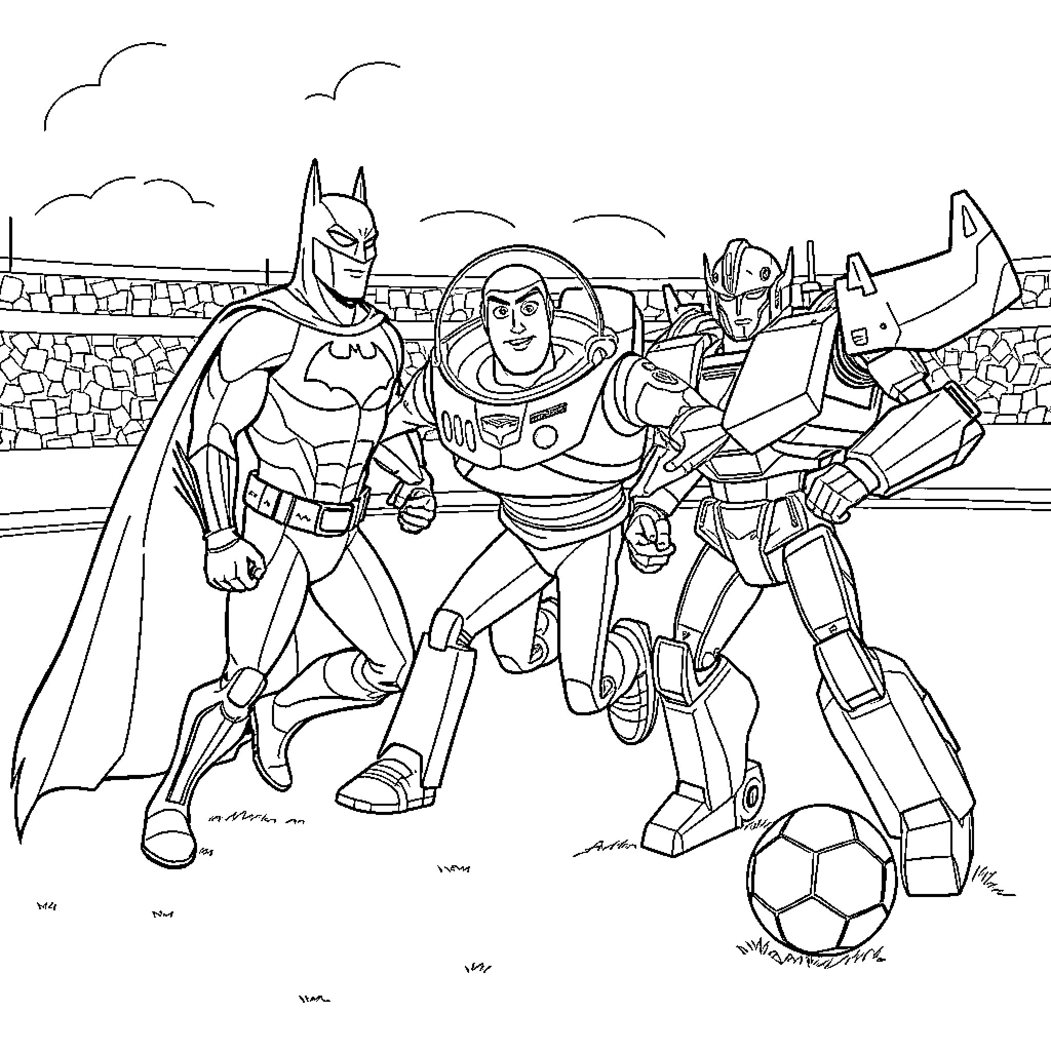 Superhero Team Battling Robots on Cityscape Coloring Page (free black-and-white line drawing printable PDF for all, from beginners to advanced learners, including children, teens, adults, and seniors)