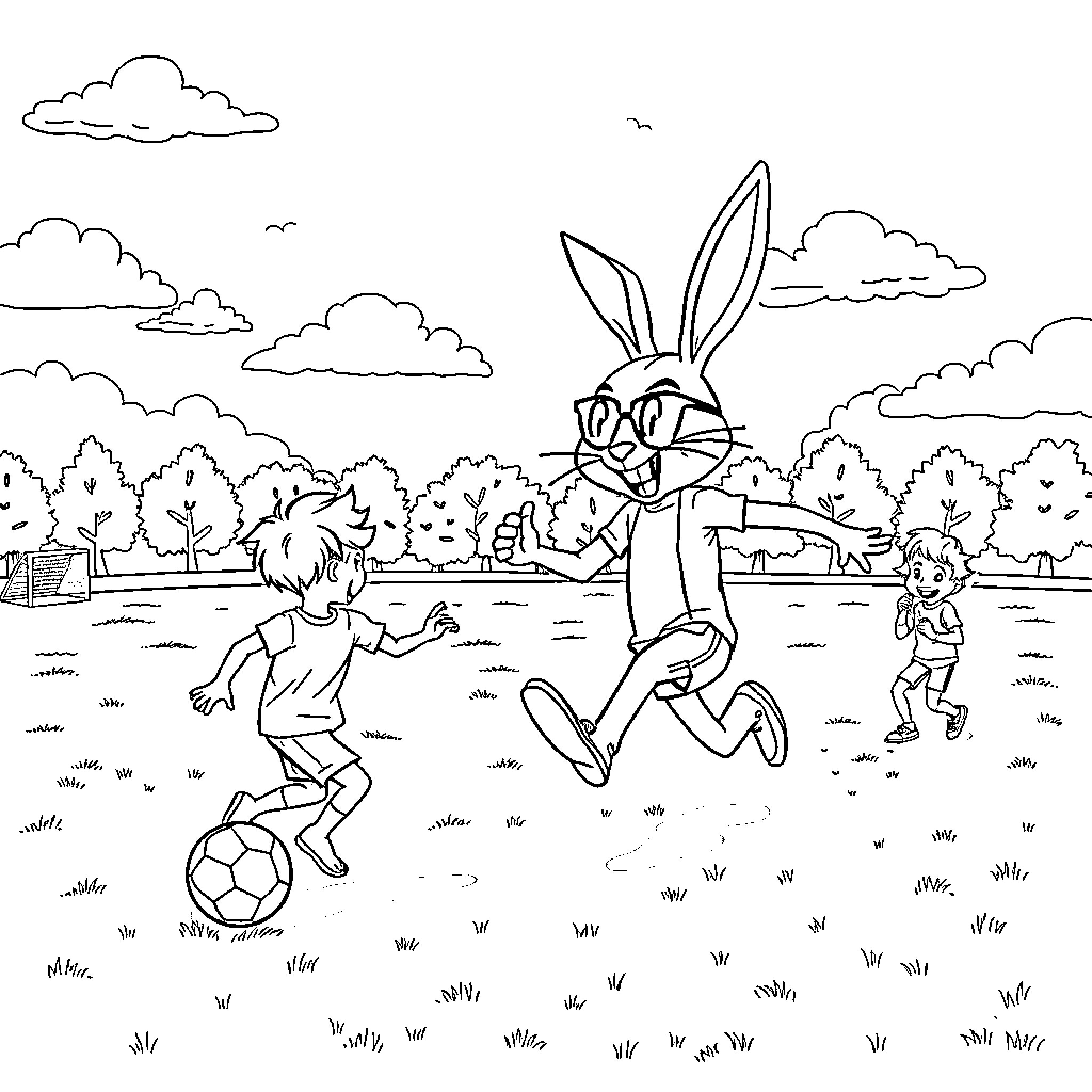 Bad Bunny playing soccer with children in a park Coloring Page (free black-and-white line drawing printable PDF for all, from beginners to advanced learners, including children, teens, adults, and seniors)