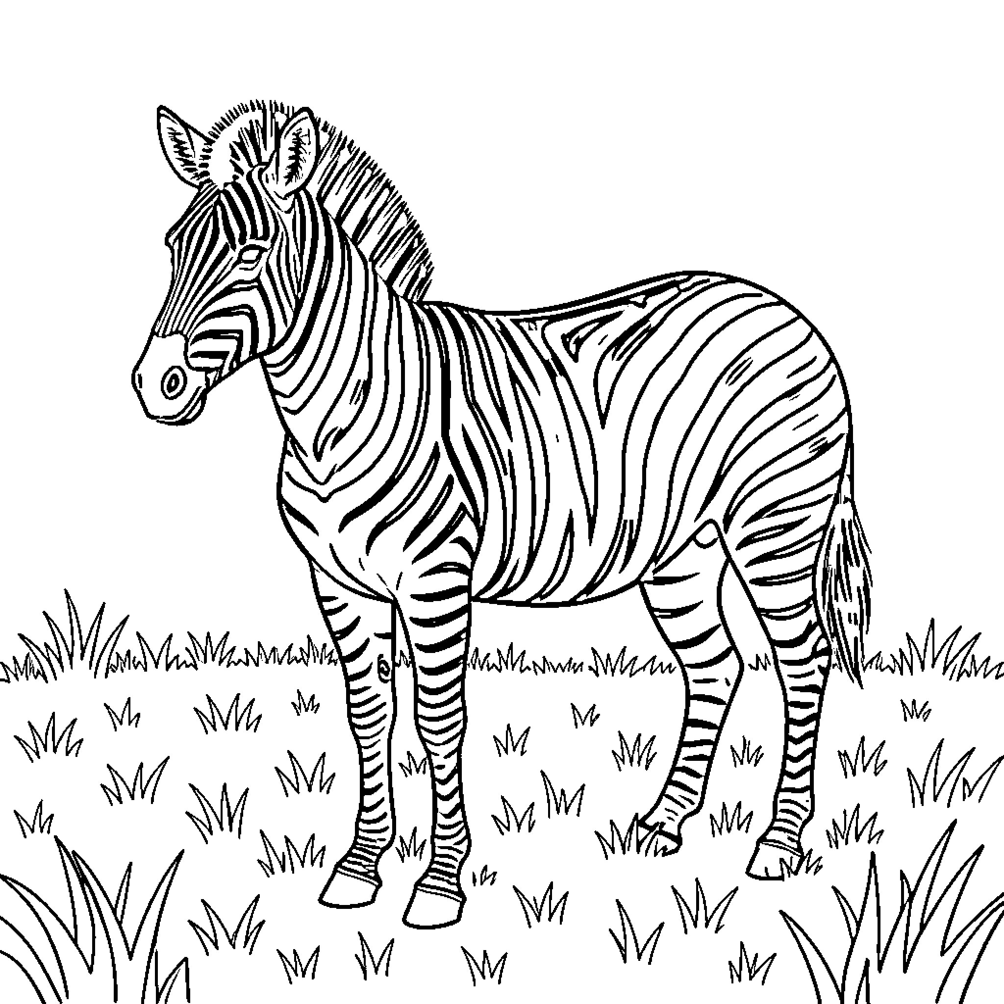 Zebra standing calmly in a grassy field Coloring Page (free black-and-white line drawing printable PDF for all, from beginners to advanced learners, including children, teens, adults, and seniors)