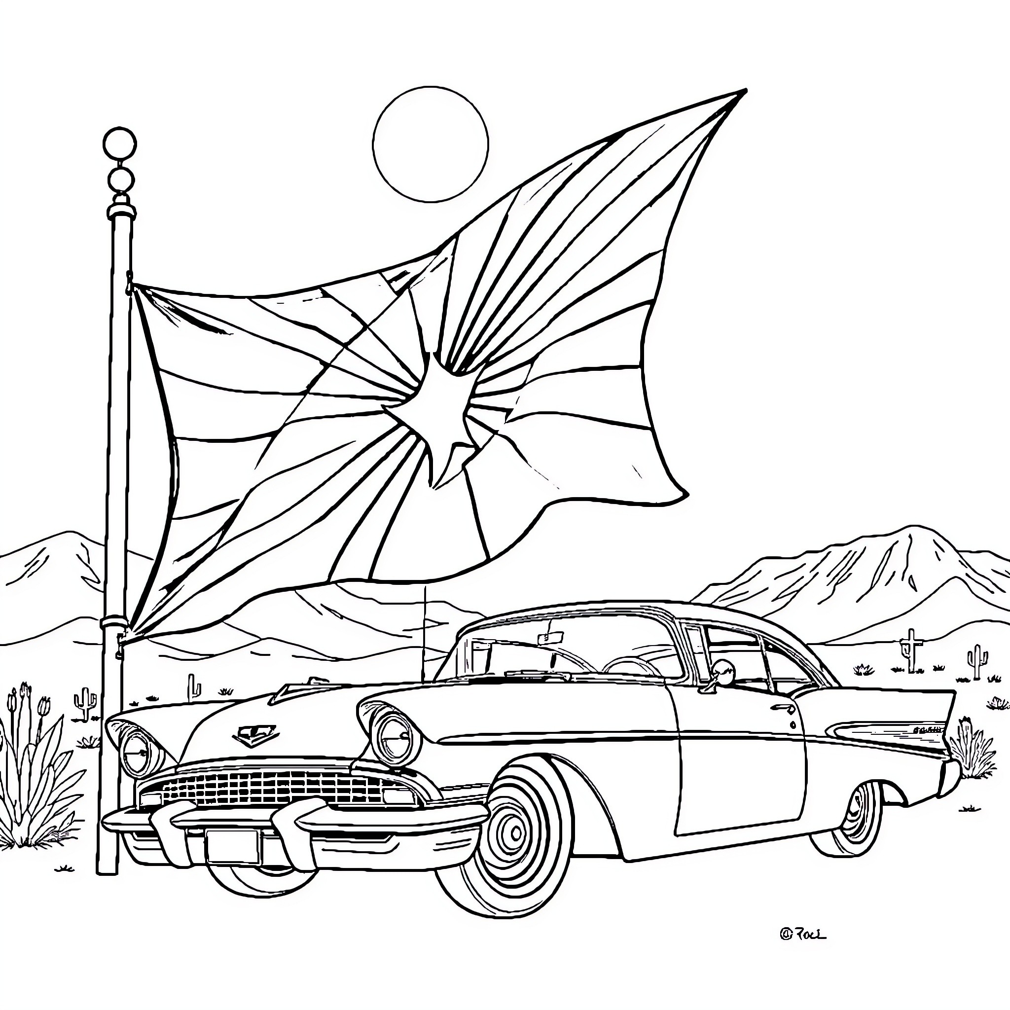 Lowrider car cruising on the open road Coloring Page (free black-and-white line drawing printable PDF for all, from beginners to advanced learners, including children, teens, adults, and seniors)