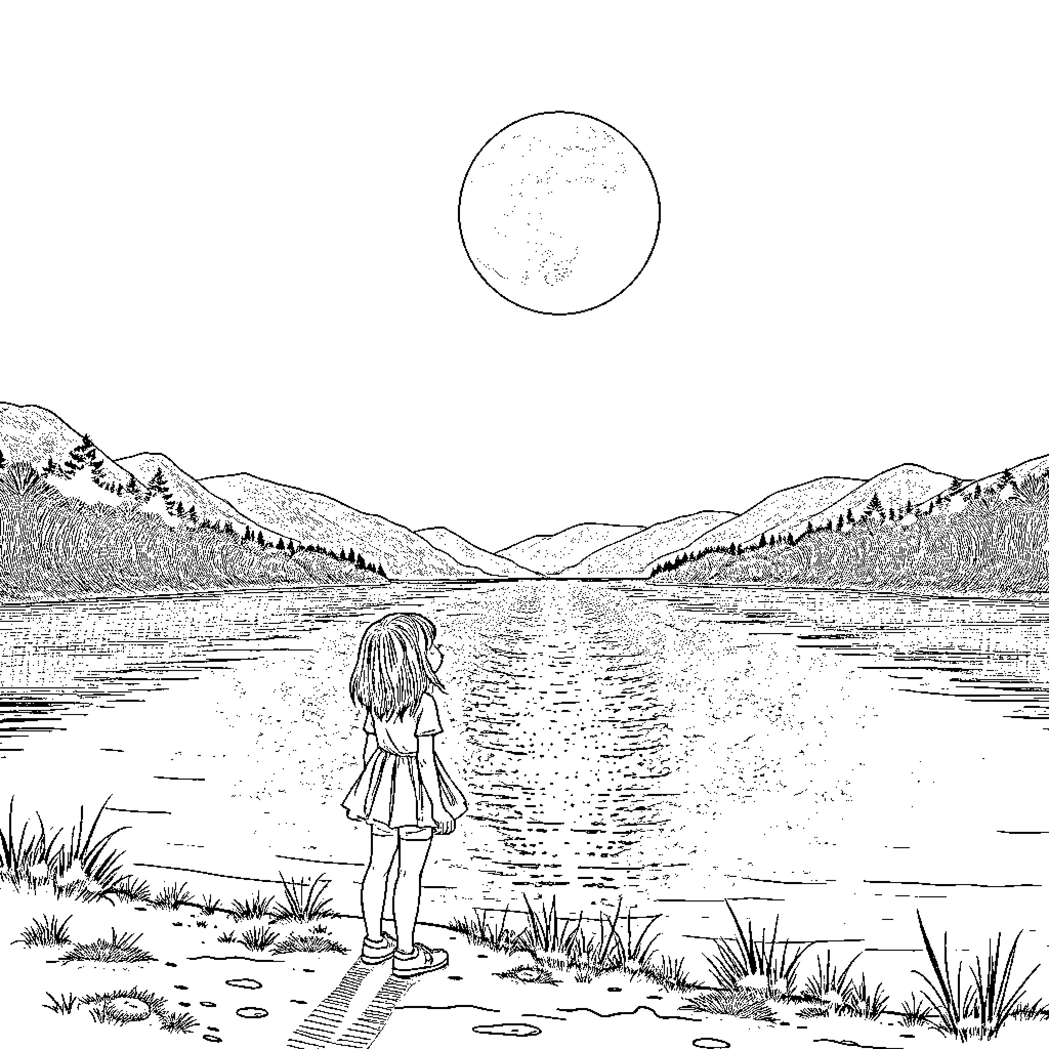 Girl overlooking scenic lake and mountains Coloring Page (free black-and-white line drawing printable PDF for all, from beginners to advanced learners, including children, teens, adults, and seniors)