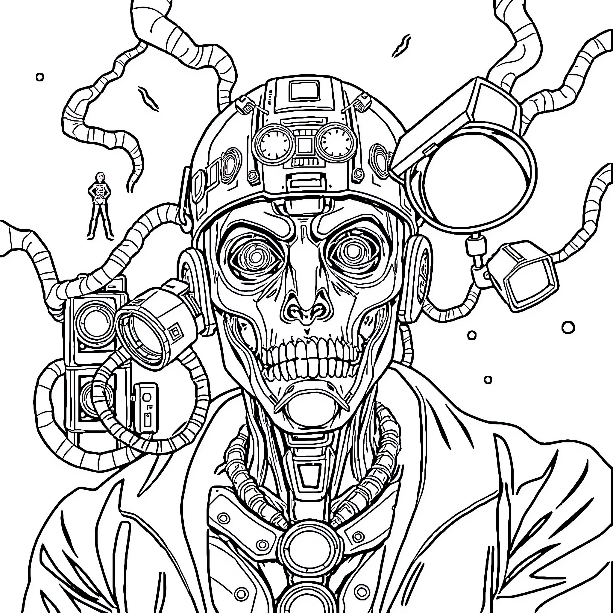 Antagonist Cyborg Skull with Advanced Technology Coloring Page (free black-and-white line drawing printable PDF for all, from beginners to advanced learners, including children, teens, adults, and seniors)