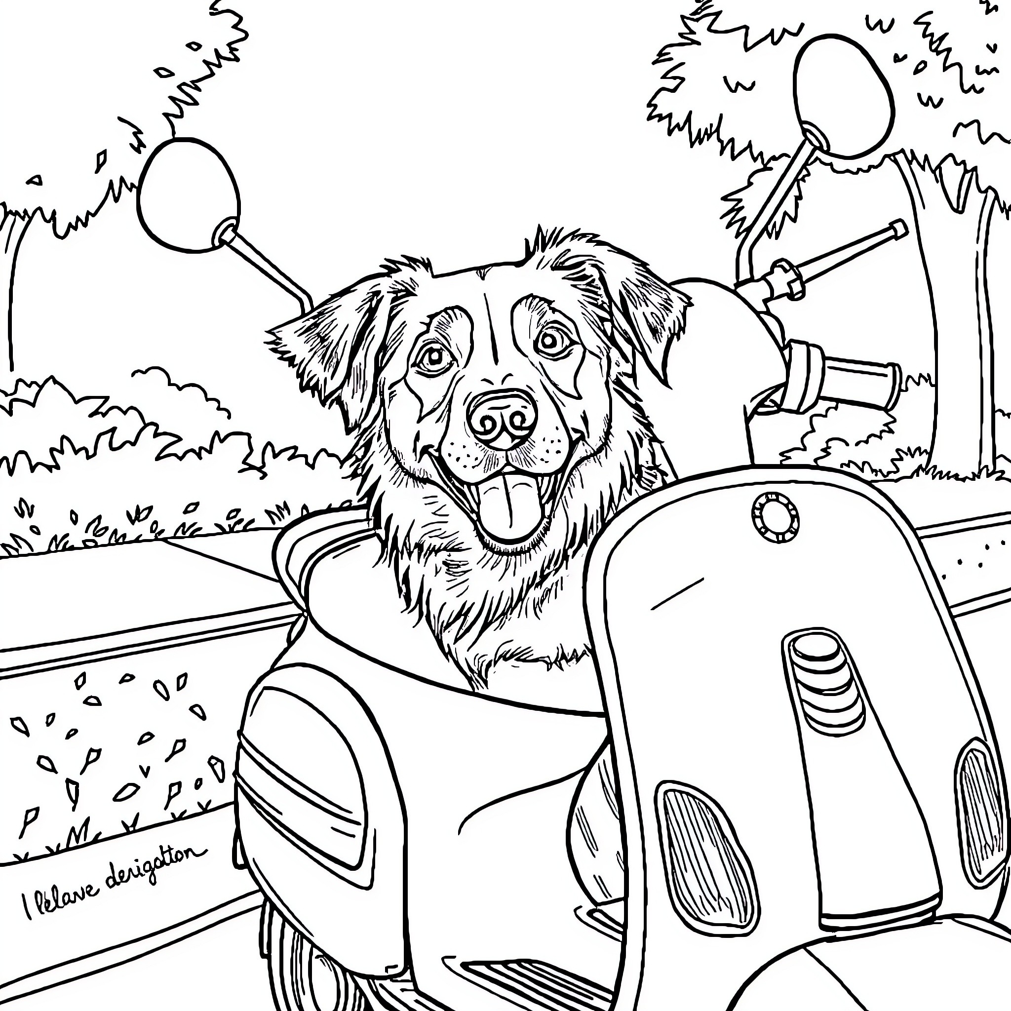 Dog riding a scooter in nature Coloring Page (free black-and-white line drawing printable PDF for all, from beginners to advanced learners, including children, teens, adults, and seniors)