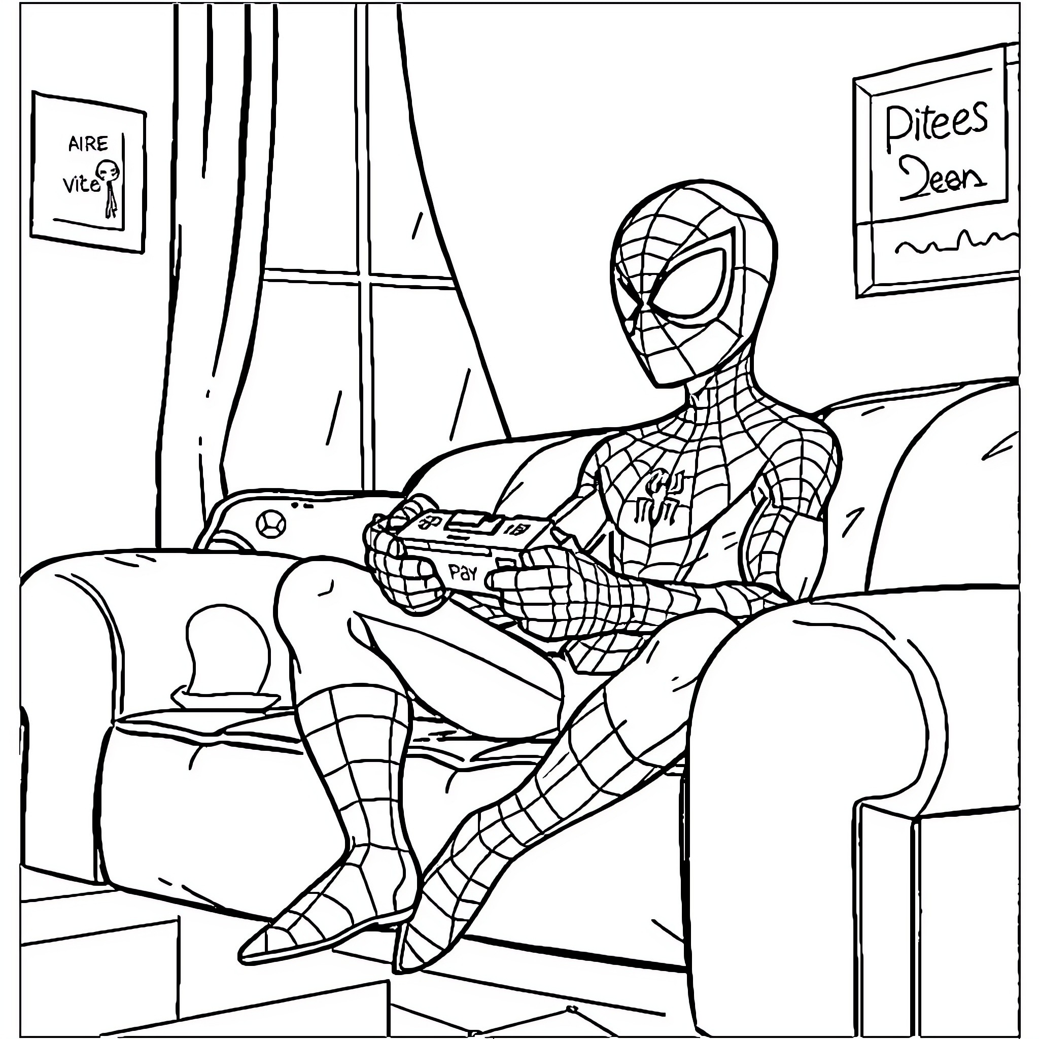 Spiderman relaxing on the couch with video game Coloring Page (free black-and-white line drawing printable PDF for all, from beginners to advanced learners, including children, teens, adults, and seniors)