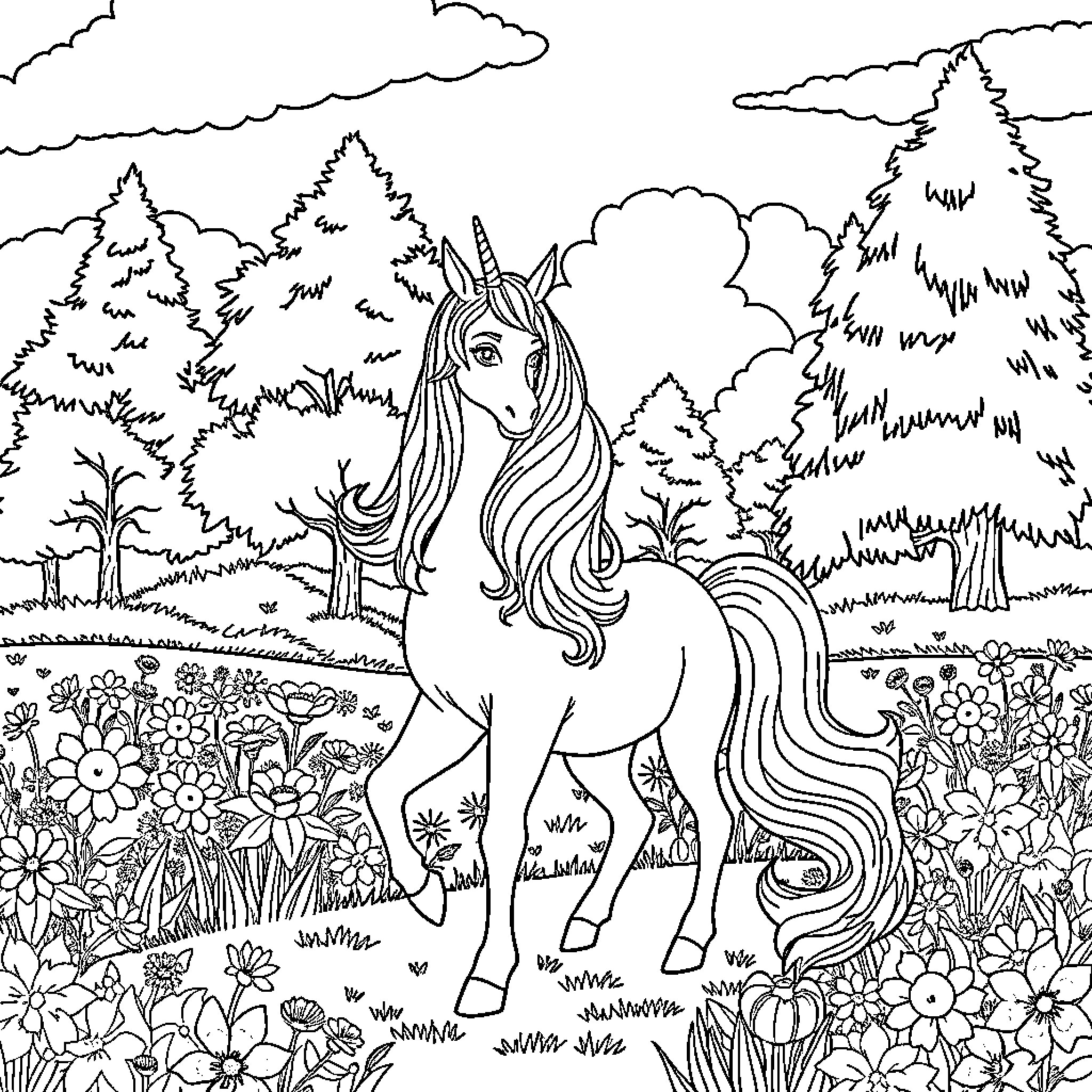 Unicorn grazing in a vibrant forest meadow Coloring Page (free black-and-white line drawing printable PDF for all, from beginners to advanced learners, including children, teens, adults, and seniors)