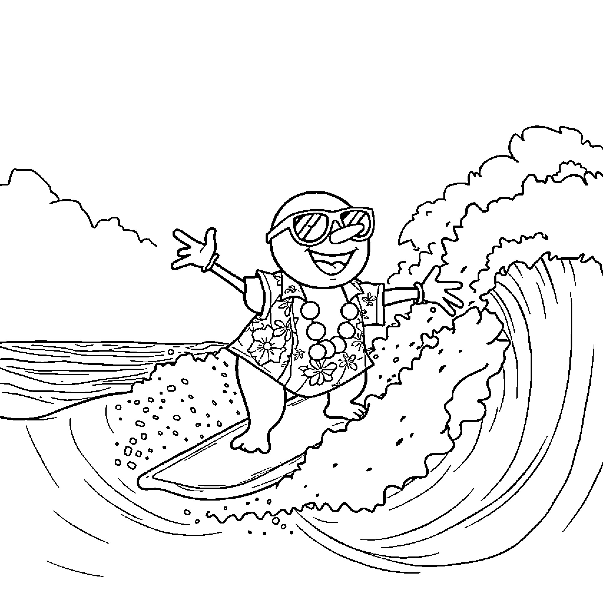 Snowman surfing the waves joyfully Coloring Page (free black-and-white line drawing printable PDF for all, from beginners to advanced learners, including children, teens, adults, and seniors)