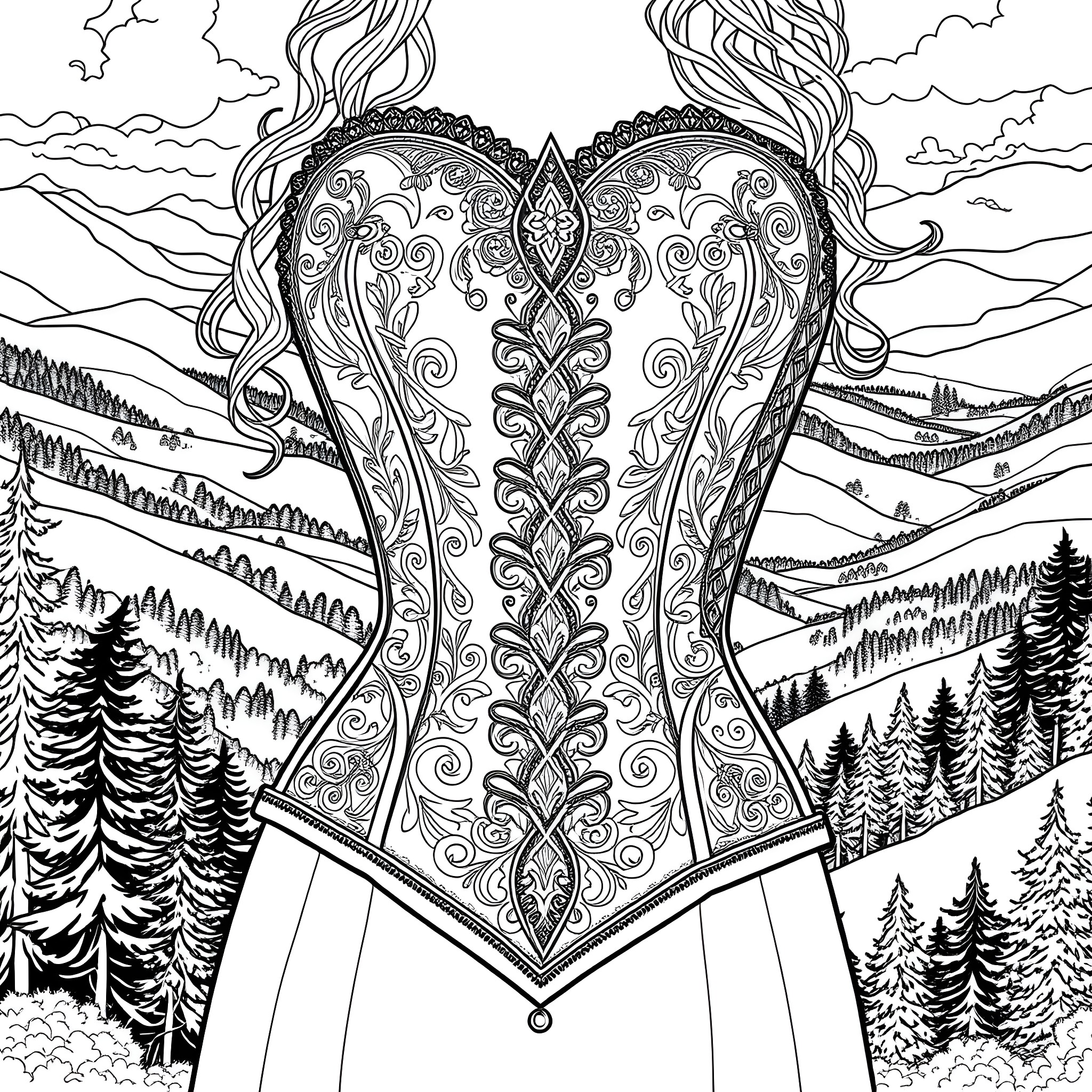 Merida in Enchanted Forest Adventure Coloring Page (free black-and-white line drawing printable PDF for all, from beginners to advanced learners, including children, teens, adults, and seniors)