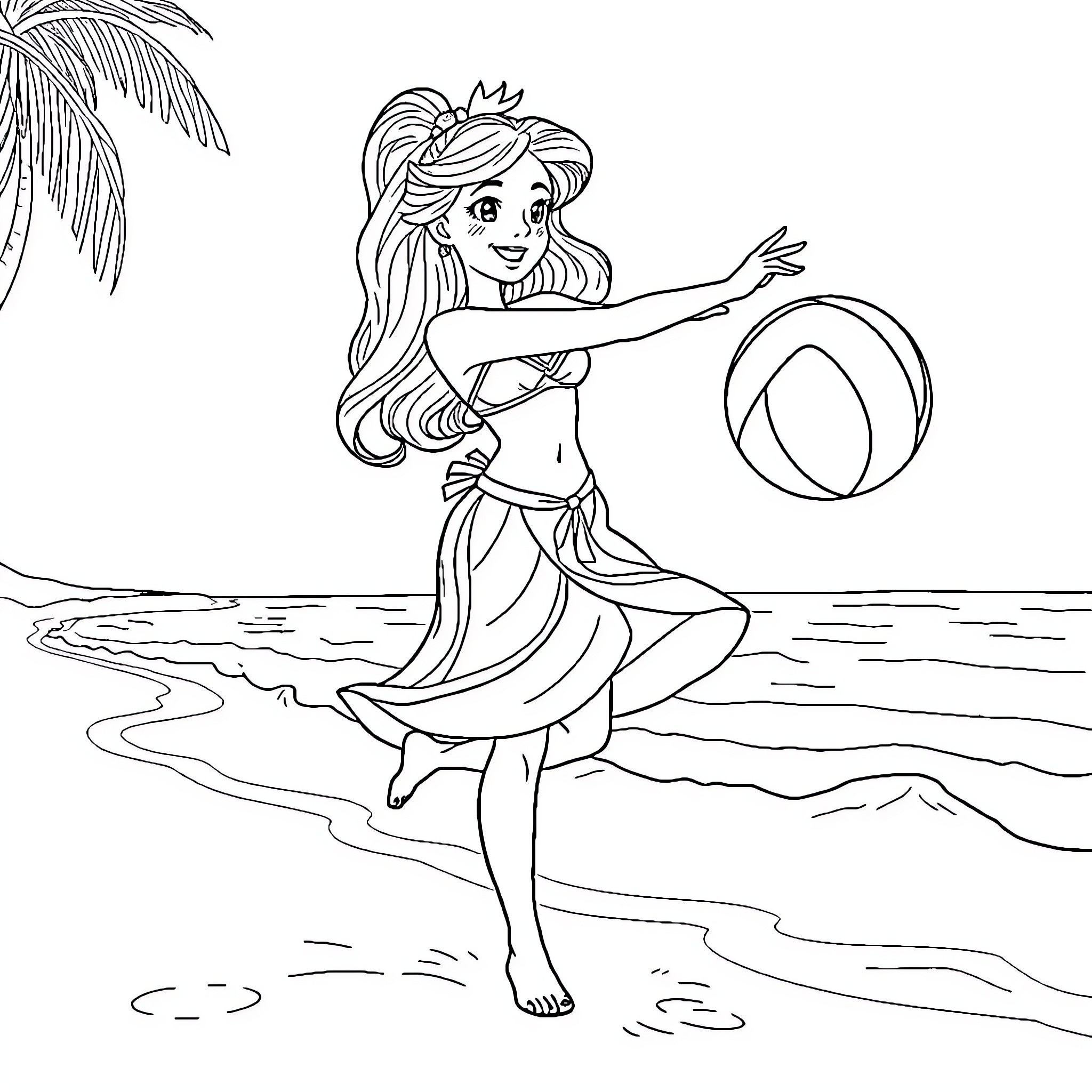 Princess playing joyfully with beach ball on the shore Coloring Page (free black-and-white line drawing printable PDF for all, from beginners to advanced learners, including children, teens, adults, and seniors)