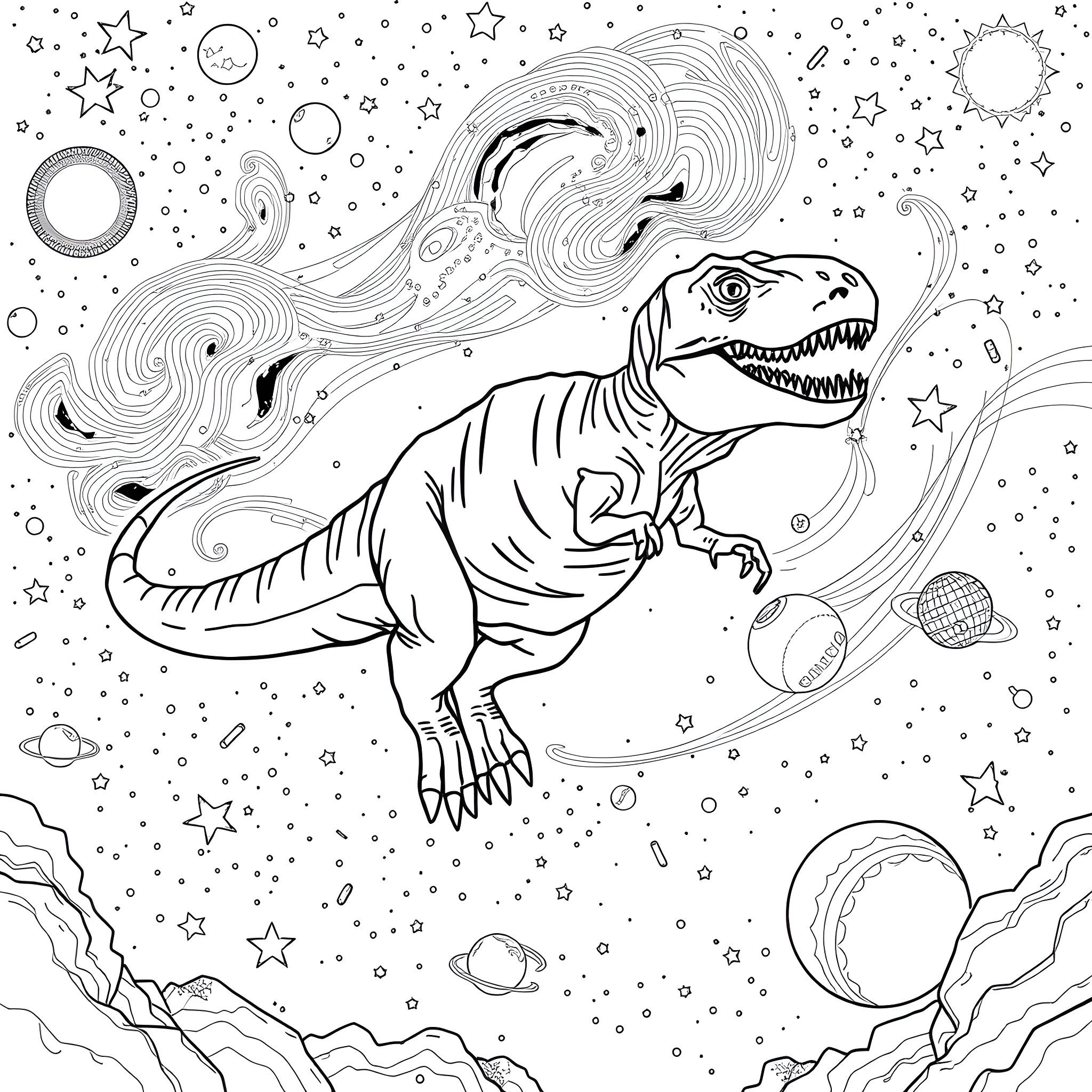 T-Rex exploring the cosmic universe Coloring Page (free black-and-white line drawing printable PDF for all, from beginners to advanced learners, including children, teens, adults, and seniors)