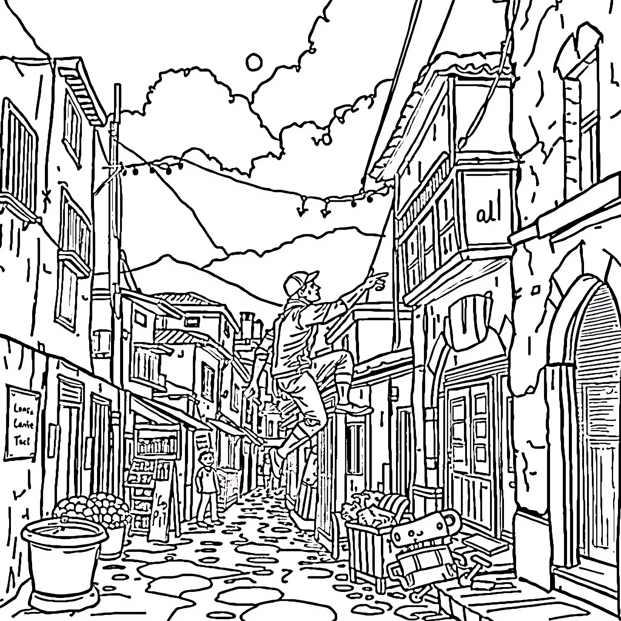 Spider-Man swinging through a busy city street Coloring Page (free black-and-white line drawing printable PDF for all, from beginners to advanced learners, including children, teens, adults, and seniors)