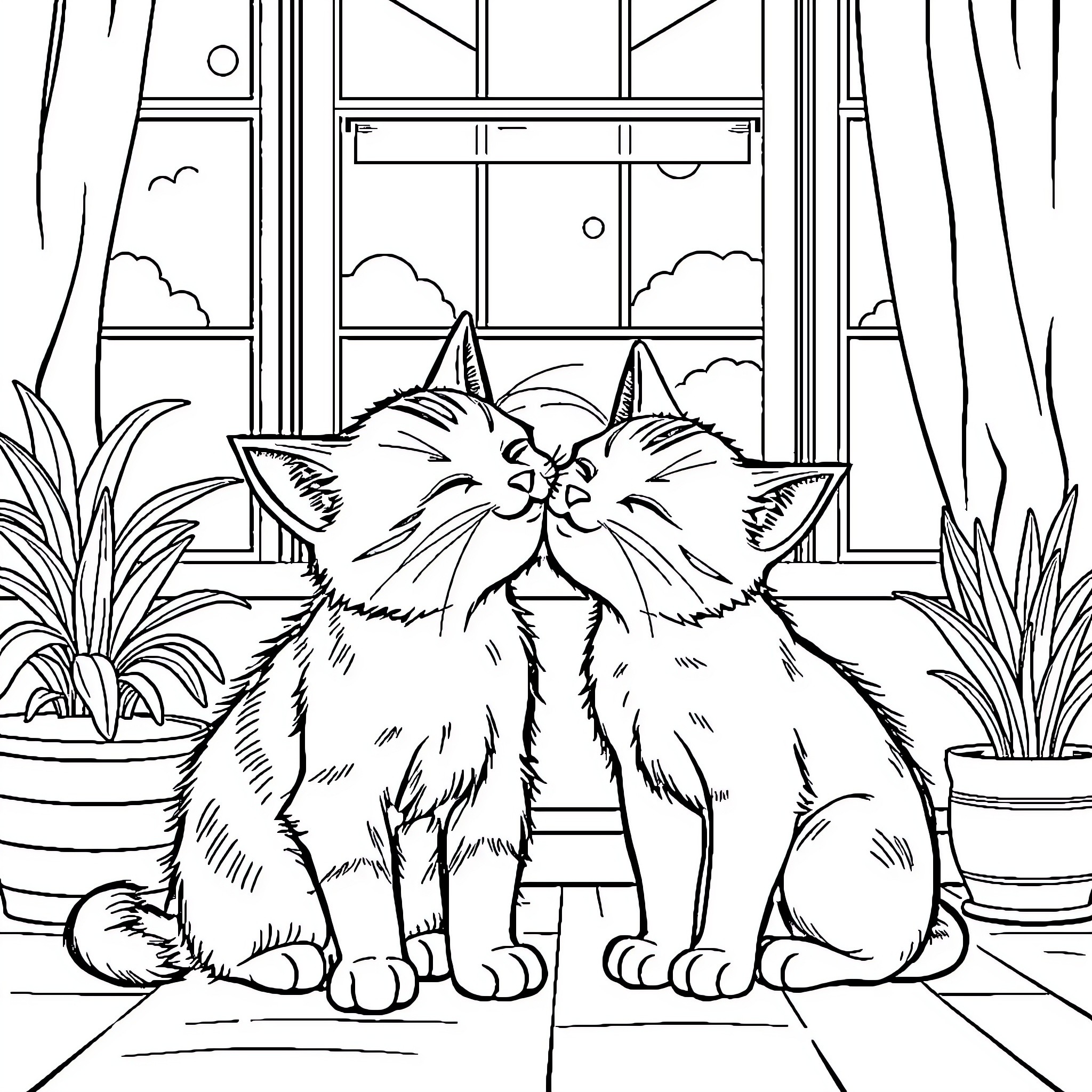 Cat friends gazing through a window Coloring Page (free black-and-white line drawing printable PDF for all, from beginners to advanced learners, including children, teens, adults, and seniors)