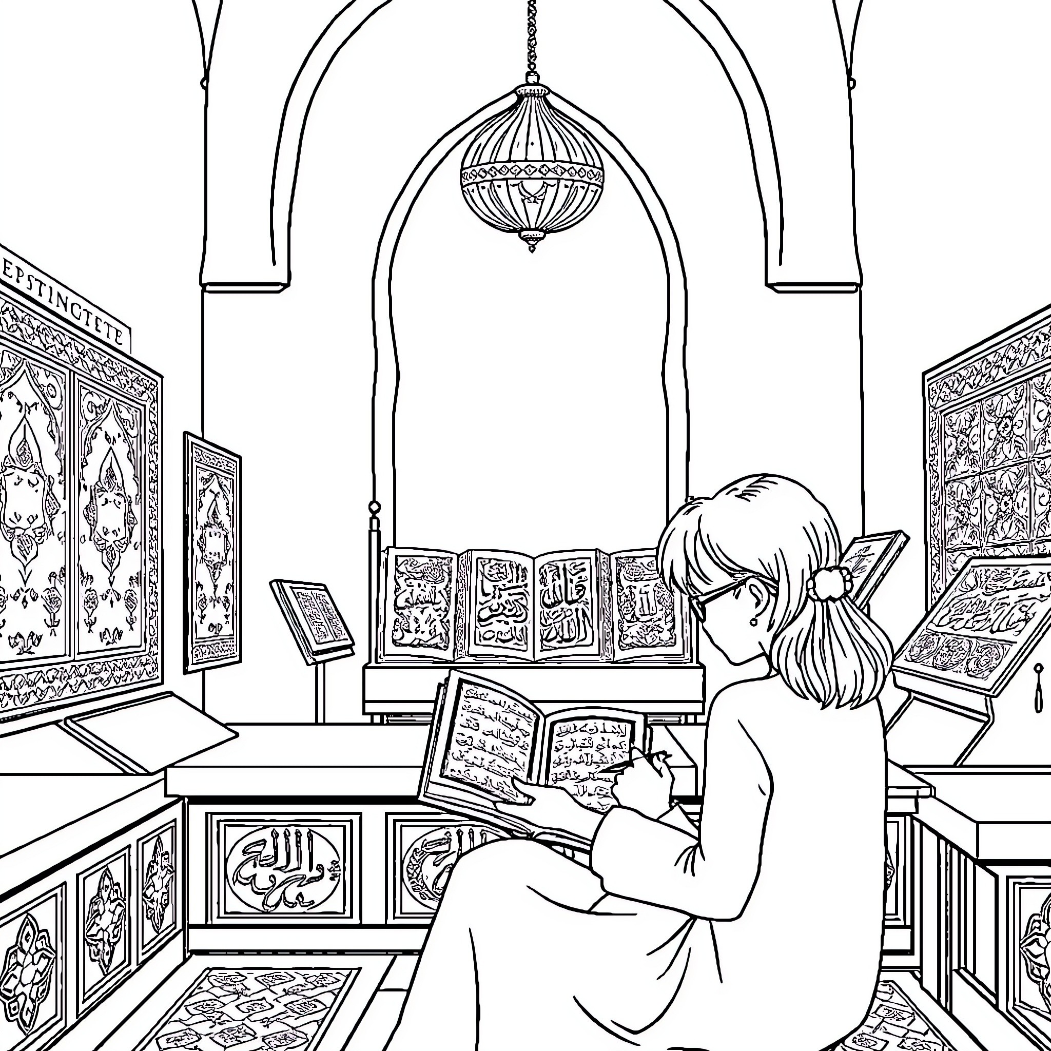 Girl studying ancient scriptures in ornate library Coloring Page (free black-and-white line drawing printable PDF for all, from beginners to advanced learners, including children, teens, adults, and seniors)