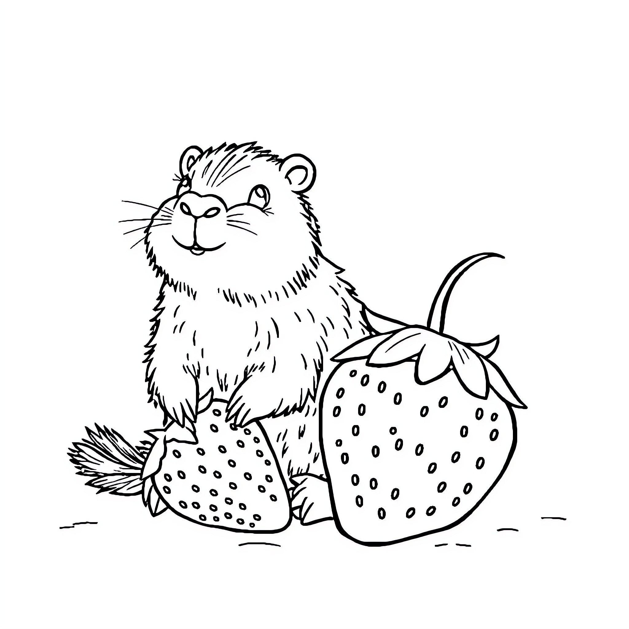 Capybara enjoying giant strawberries Coloring Page (free black-and-white line drawing printable PDF for all, from beginners to advanced learners, including children, teens, adults, and seniors)