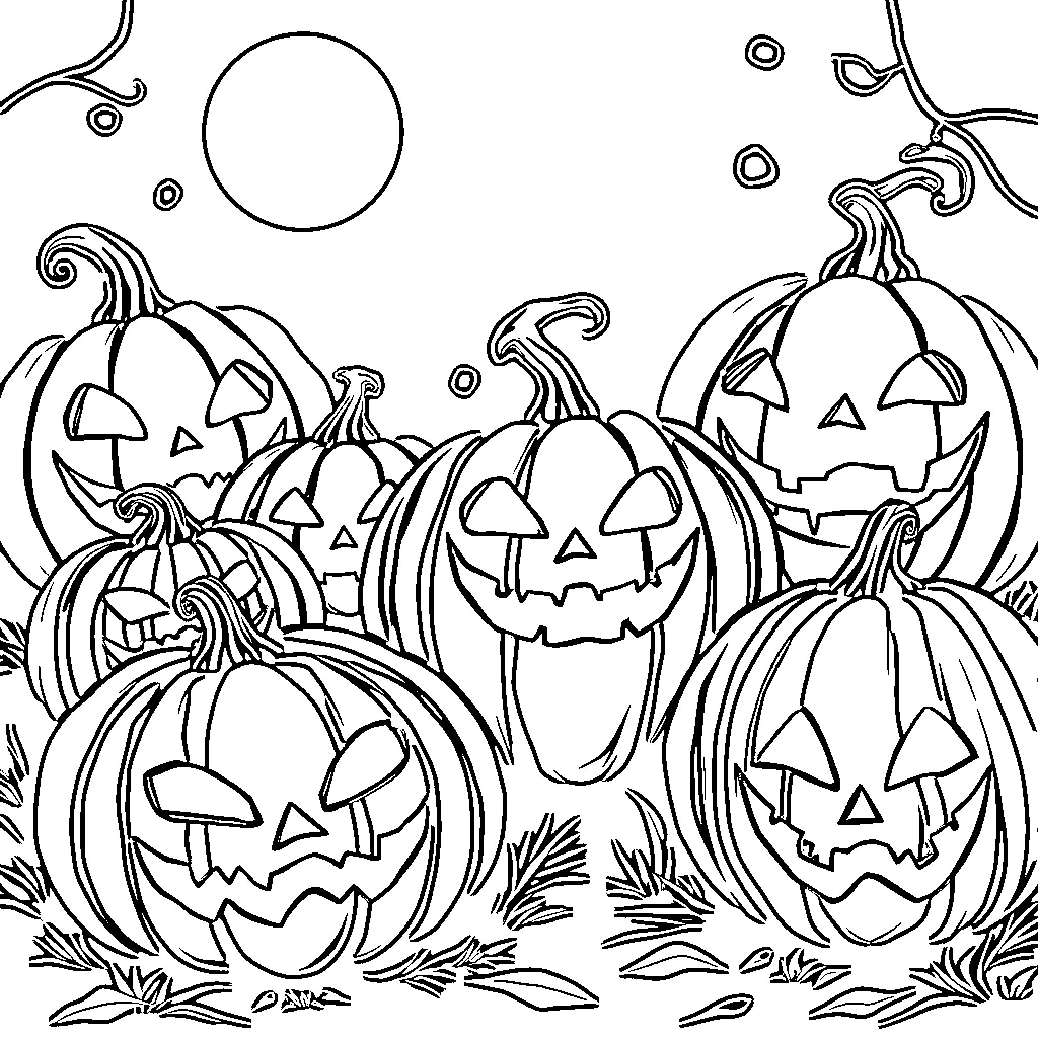 Pumpkins with Carved Faces and Spooky Expressions Coloring Page (free black-and-white line drawing printable PDF for all, from beginners to advanced learners, including children, teens, adults, and seniors)