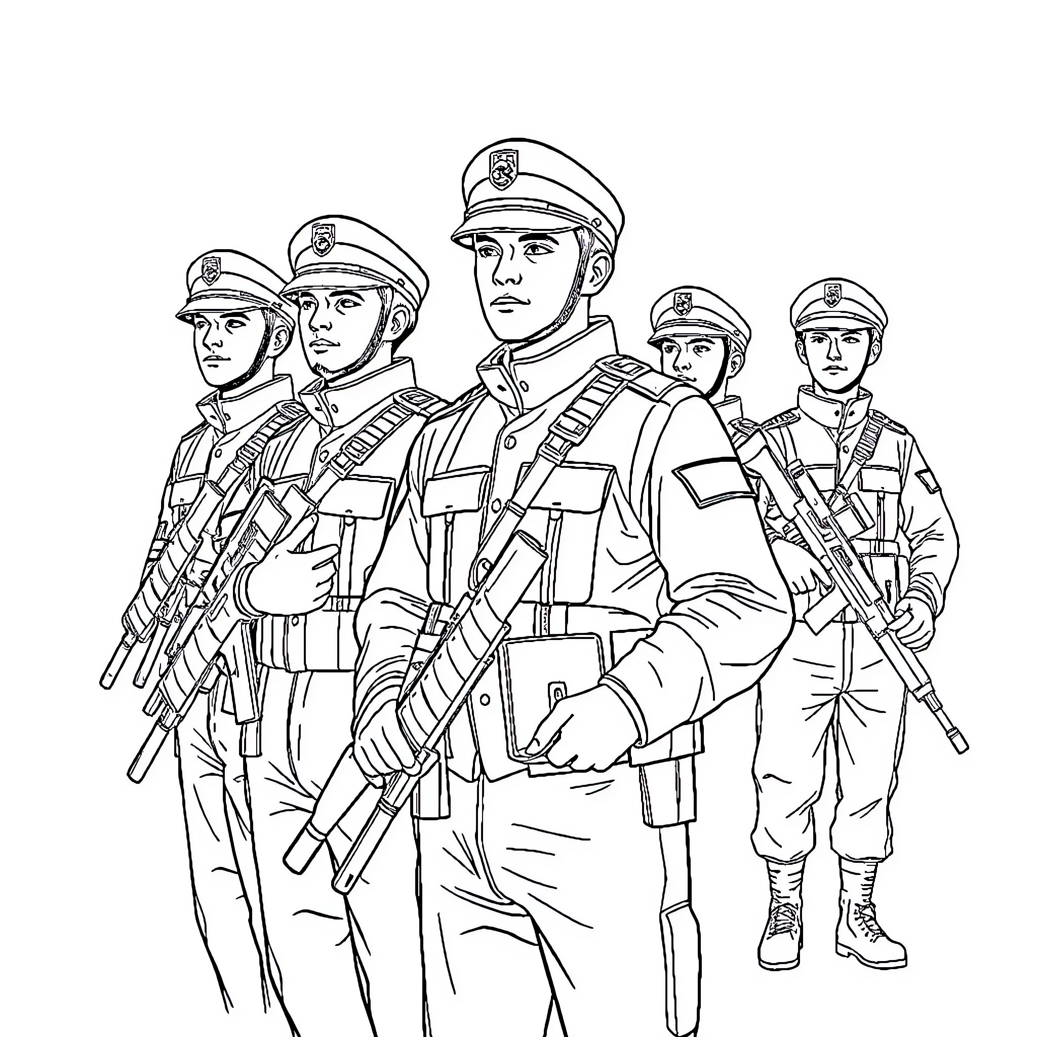 Military Personnel in Uniform and Formation Coloring Page (free black-and-white line drawing printable PDF for all, from beginners to advanced learners, including children, teens, adults, and seniors)