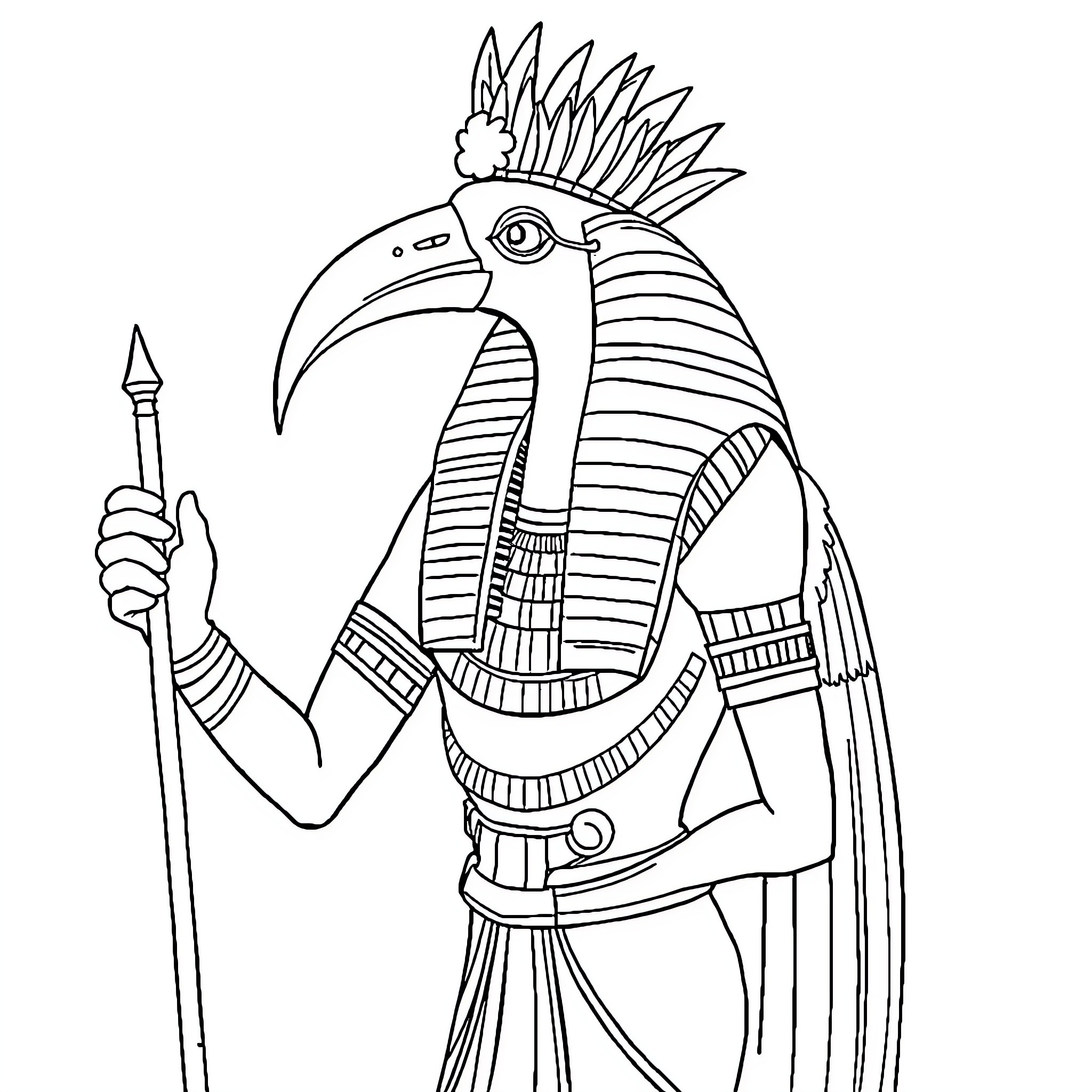 Thoth, the Egyptian God, Holding a Scepter Coloring Page (free black-and-white line drawing printable PDF for all, from beginners to advanced learners, including children, teens, adults, and seniors)