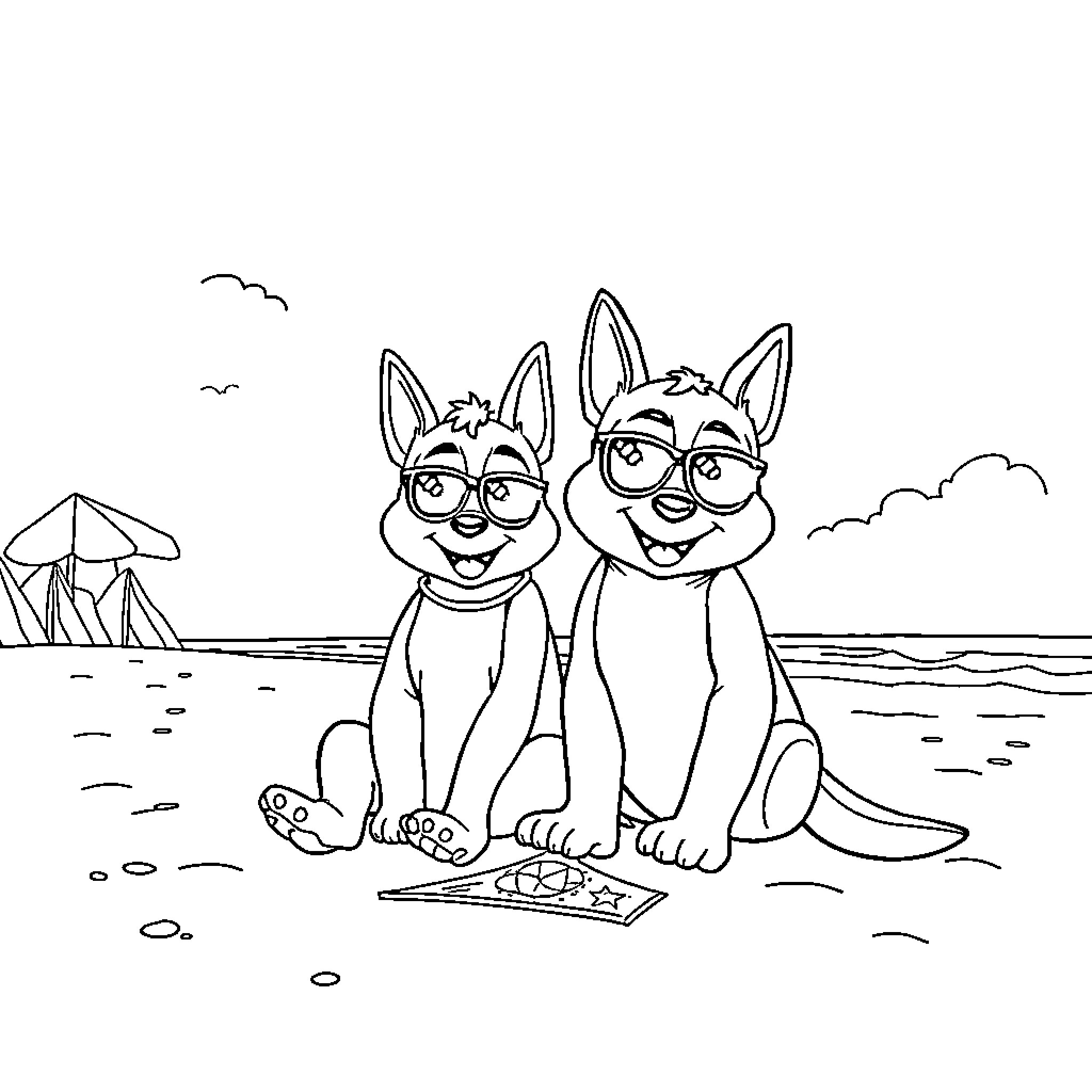 Bluey and Bingo enjoying a day at the beach Coloring Page (free black-and-white line drawing printable PDF for all, from beginners to advanced learners, including children, teens, adults, and seniors)