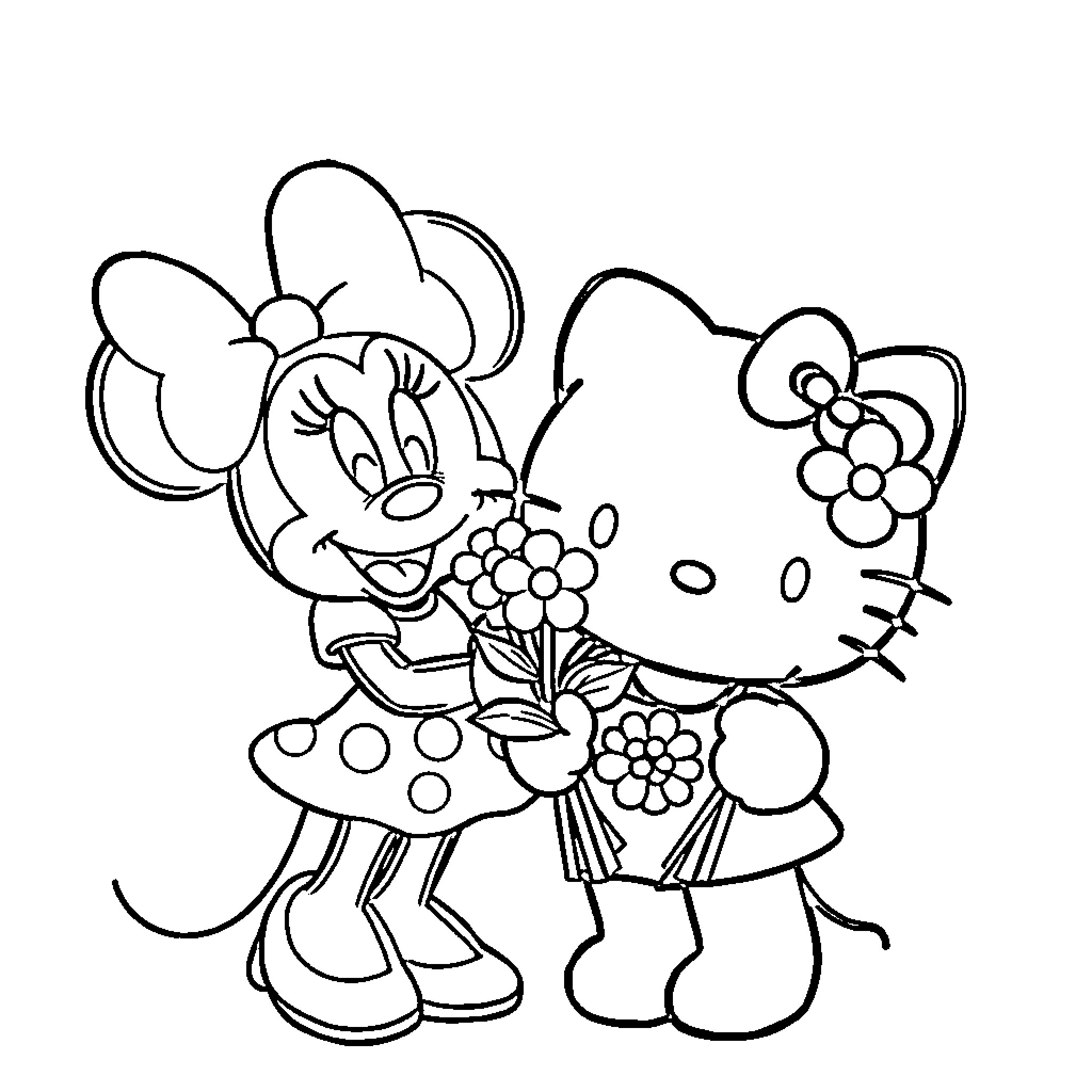 Hello Kitty and Minnie Mouse Sharing Flowers Coloring Page (free black-and-white line drawing printable PDF for all, from beginners to advanced learners, including children, teens, adults, and seniors)