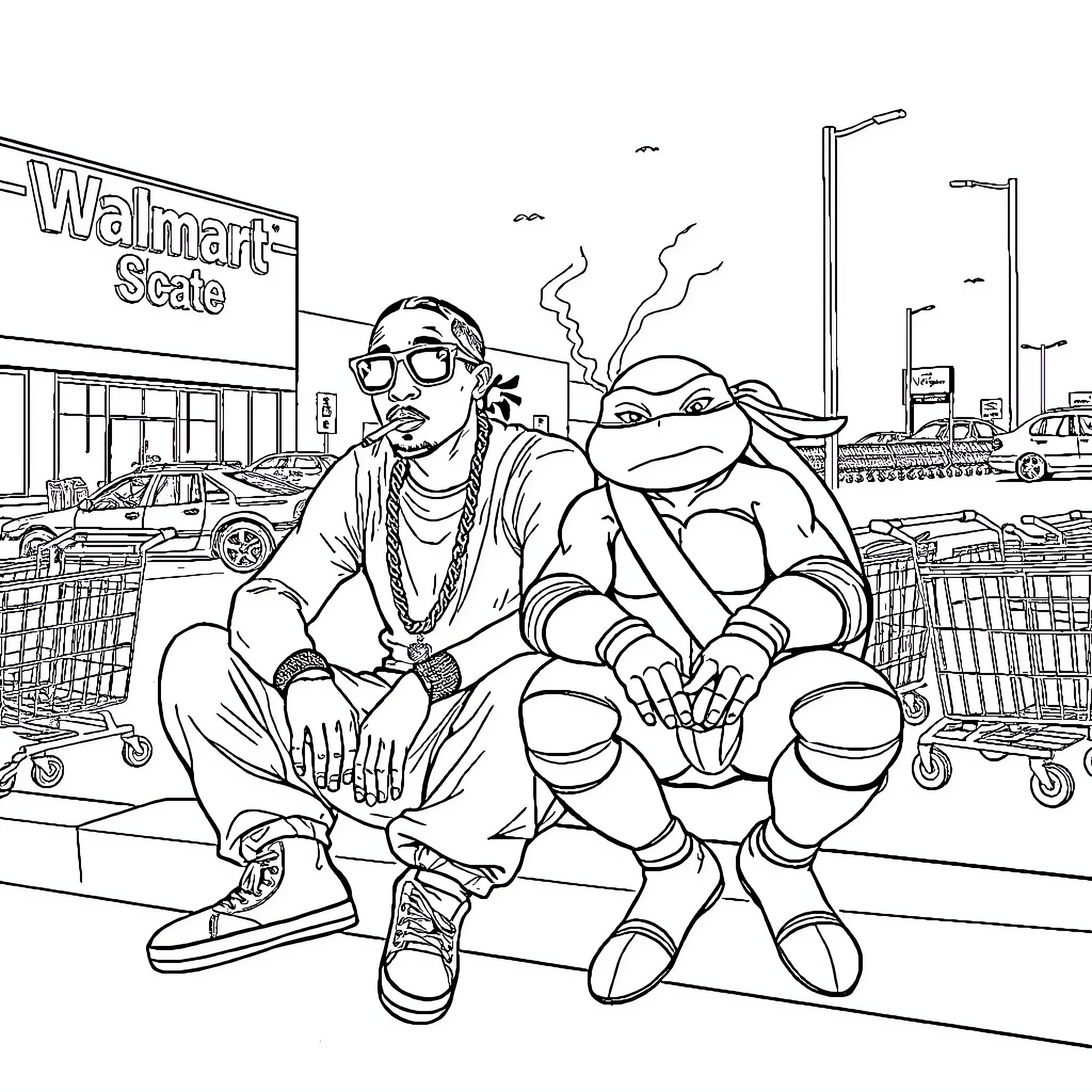 2pac hanging out with a Teenage Mutant Ninja Turtle at Walmart Coloring Page (free black-and-white line drawing printable PDF for all, from beginners to advanced learners, including children, teens, adults, and seniors)