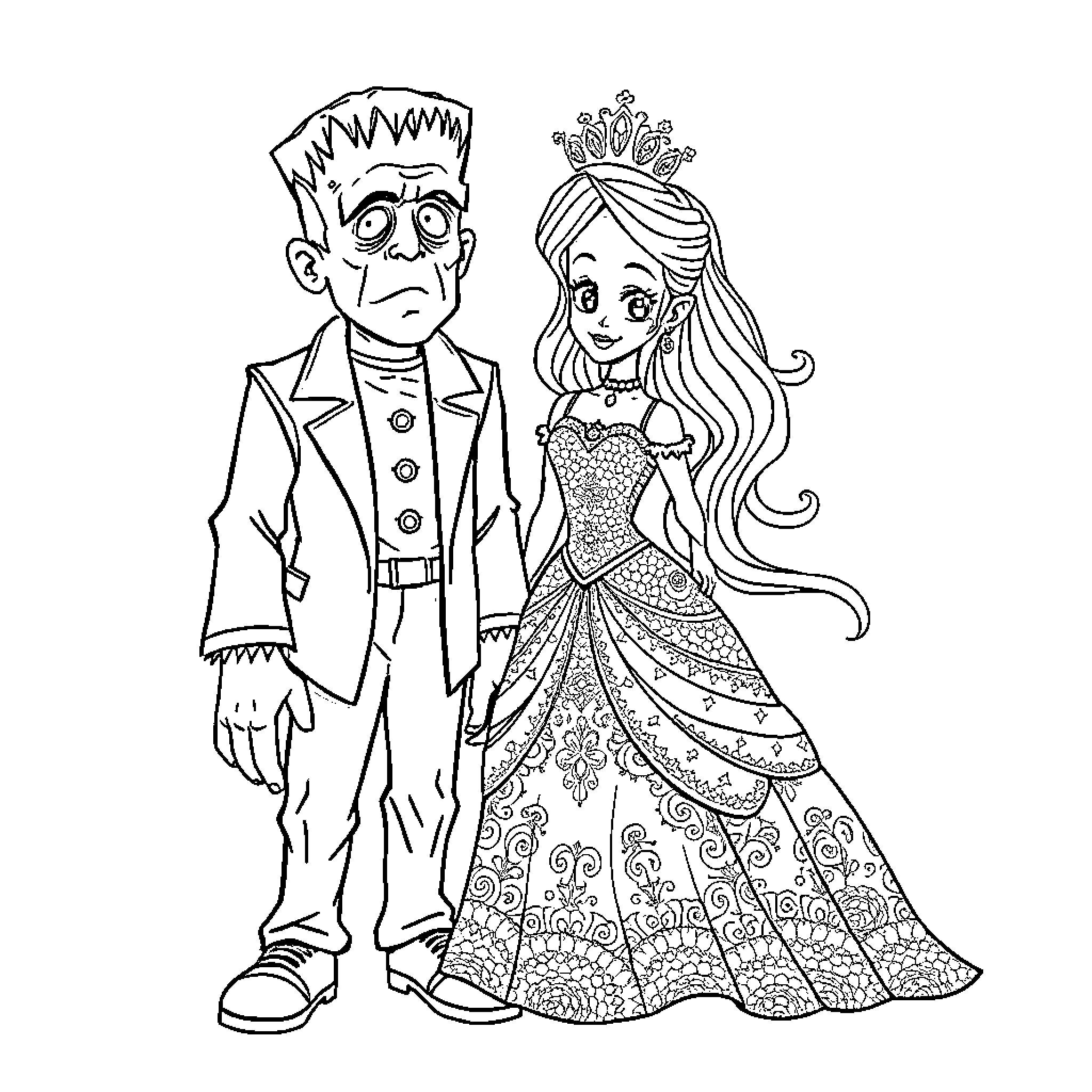 Frankenstein and the Enchanted Princess Coloring Page (free black-and-white line drawing printable PDF for all, from beginners to advanced learners, including children, teens, adults, and seniors)