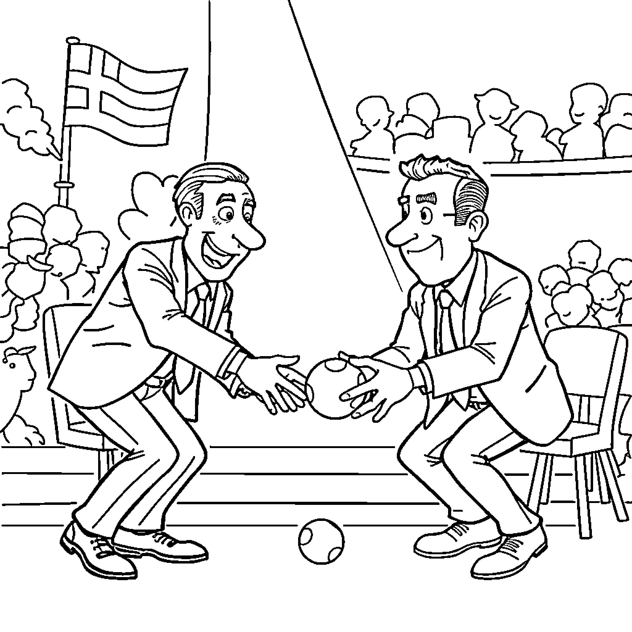 Mitsotakis and Kyriakos shaking hands in a public setting Coloring Page (free black-and-white line drawing printable PDF for all, from beginners to advanced learners, including children, teens, adults, and seniors)