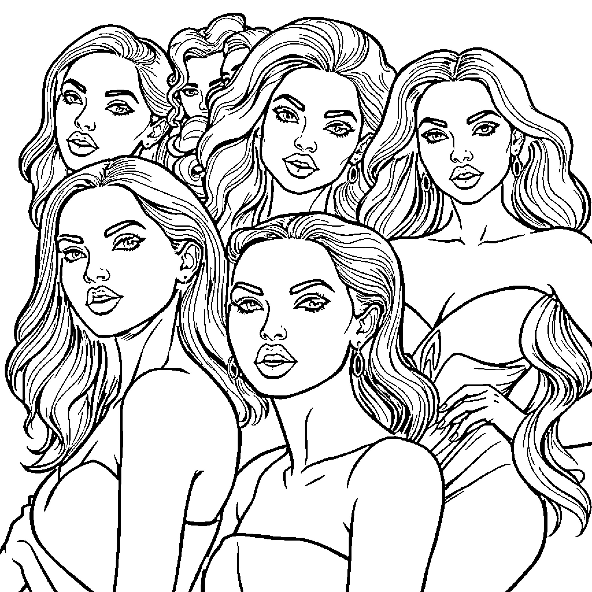 Women with flowing hair and expressive faces Coloring Page (free black-and-white line drawing printable PDF for all, from beginners to advanced learners, including children, teens, adults, and seniors)