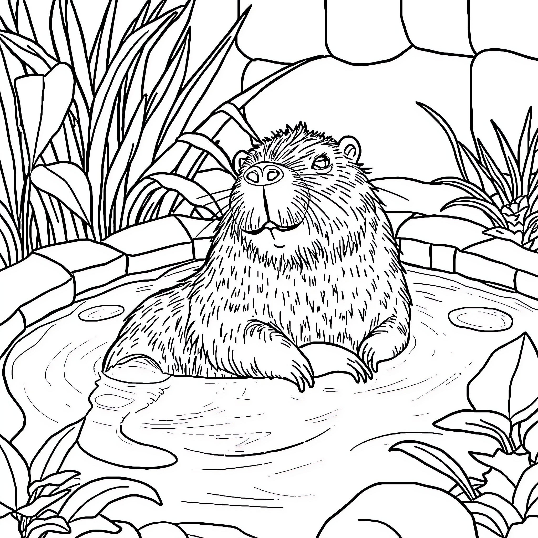 Capybara Relaxing in a Tranquil Pond Coloring Page (free black-and-white line drawing printable PDF for all, from beginners to advanced learners, including children, teens, adults, and seniors)