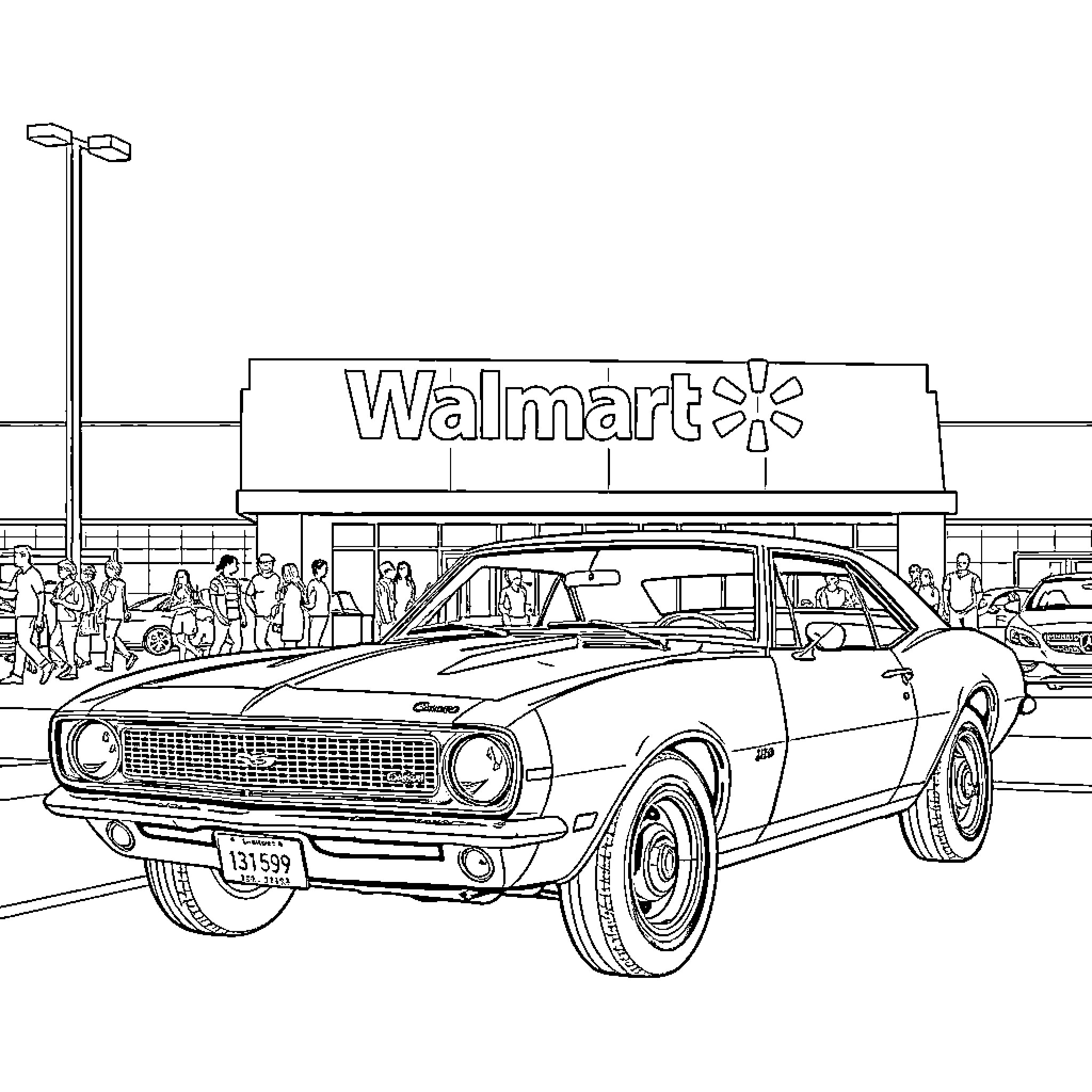 Chevrolet Camaro parked outside Walmart Coloring Page (free black-and-white line drawing printable PDF for all, from beginners to advanced learners, including children, teens, adults, and seniors)