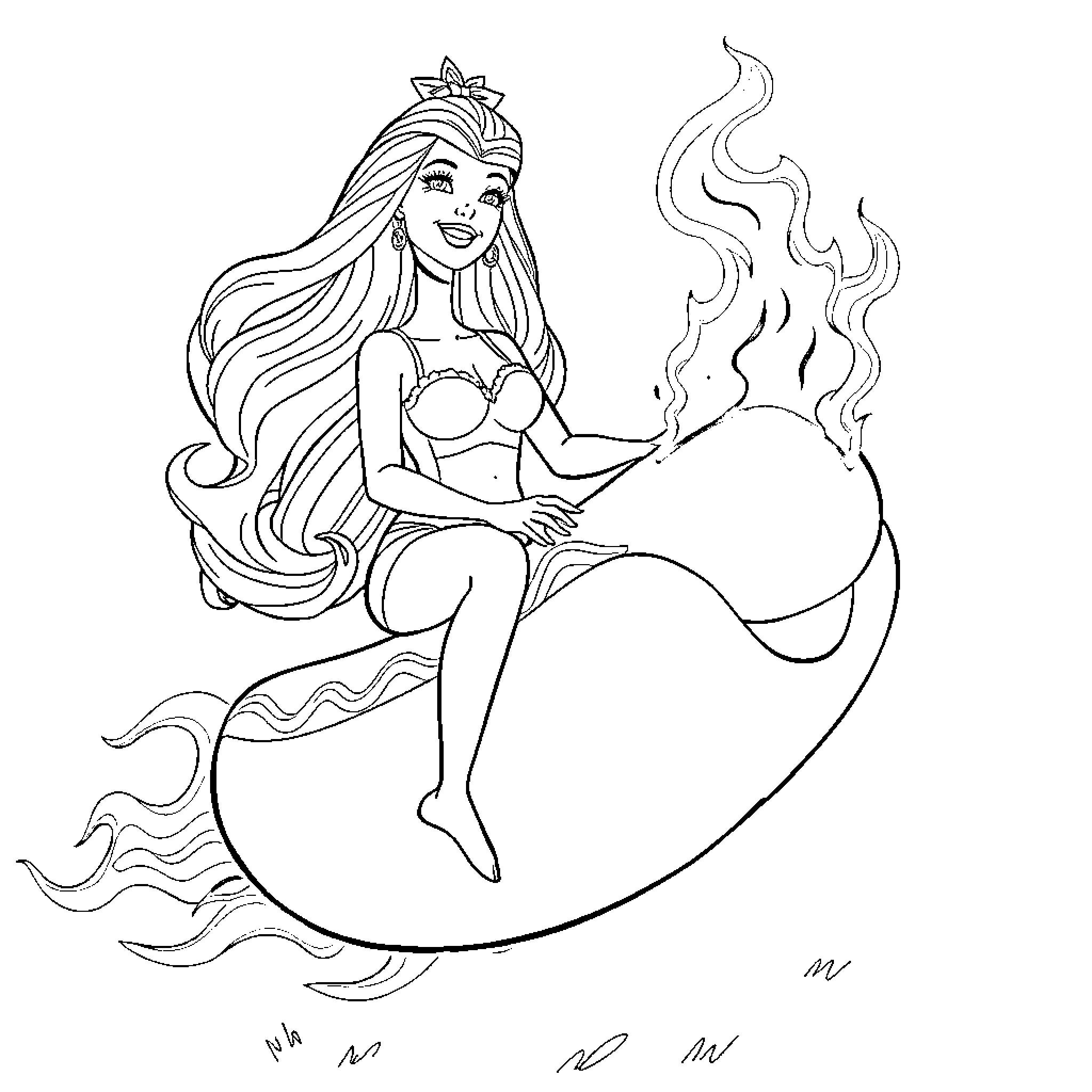 Barbie as a Magical Mermaid Coloring Page (free black-and-white line drawing printable PDF for all, from beginners to advanced learners, including children, teens, adults, and seniors)