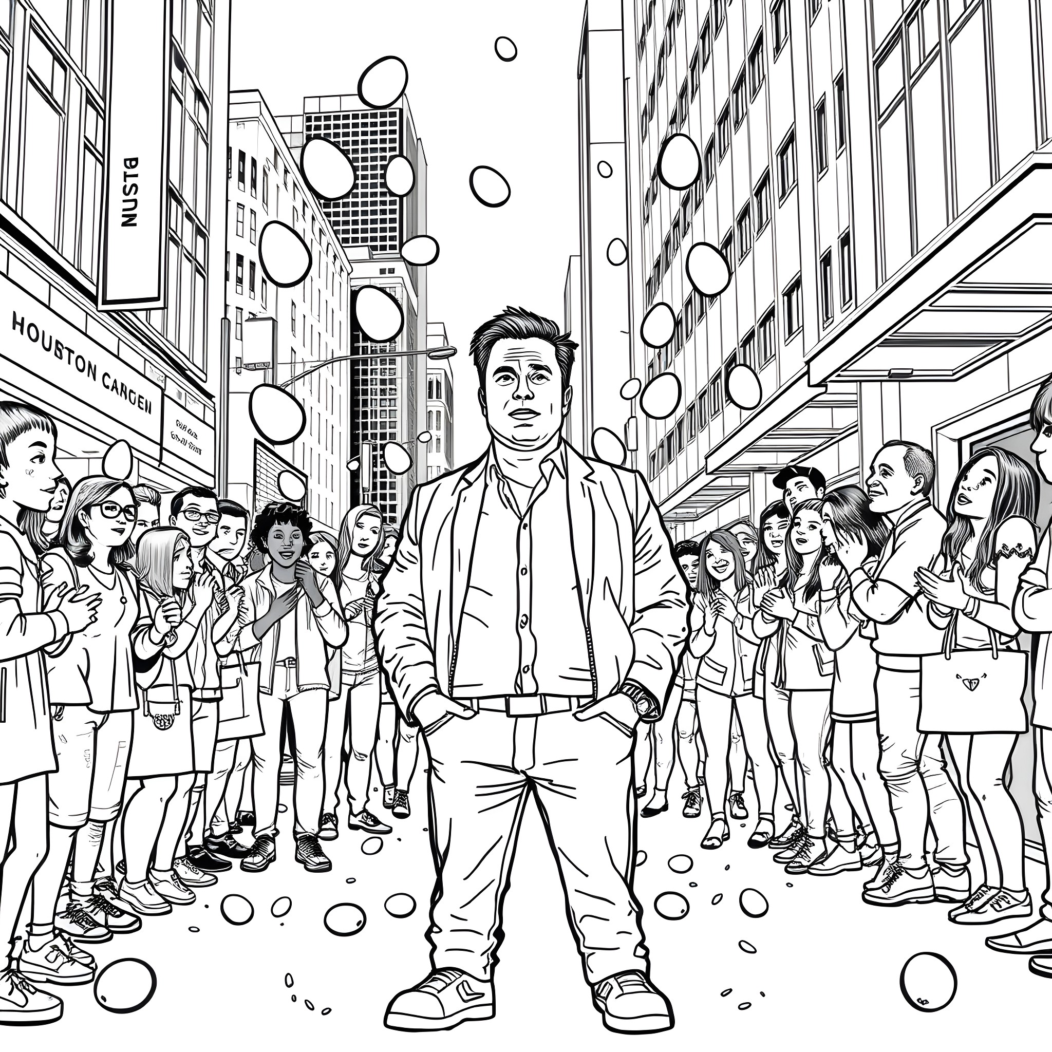 Elon Musk surrounded by a crowd in the city Coloring Page (free black-and-white line drawing printable PDF for all, from beginners to advanced learners, including children, teens, adults, and seniors)