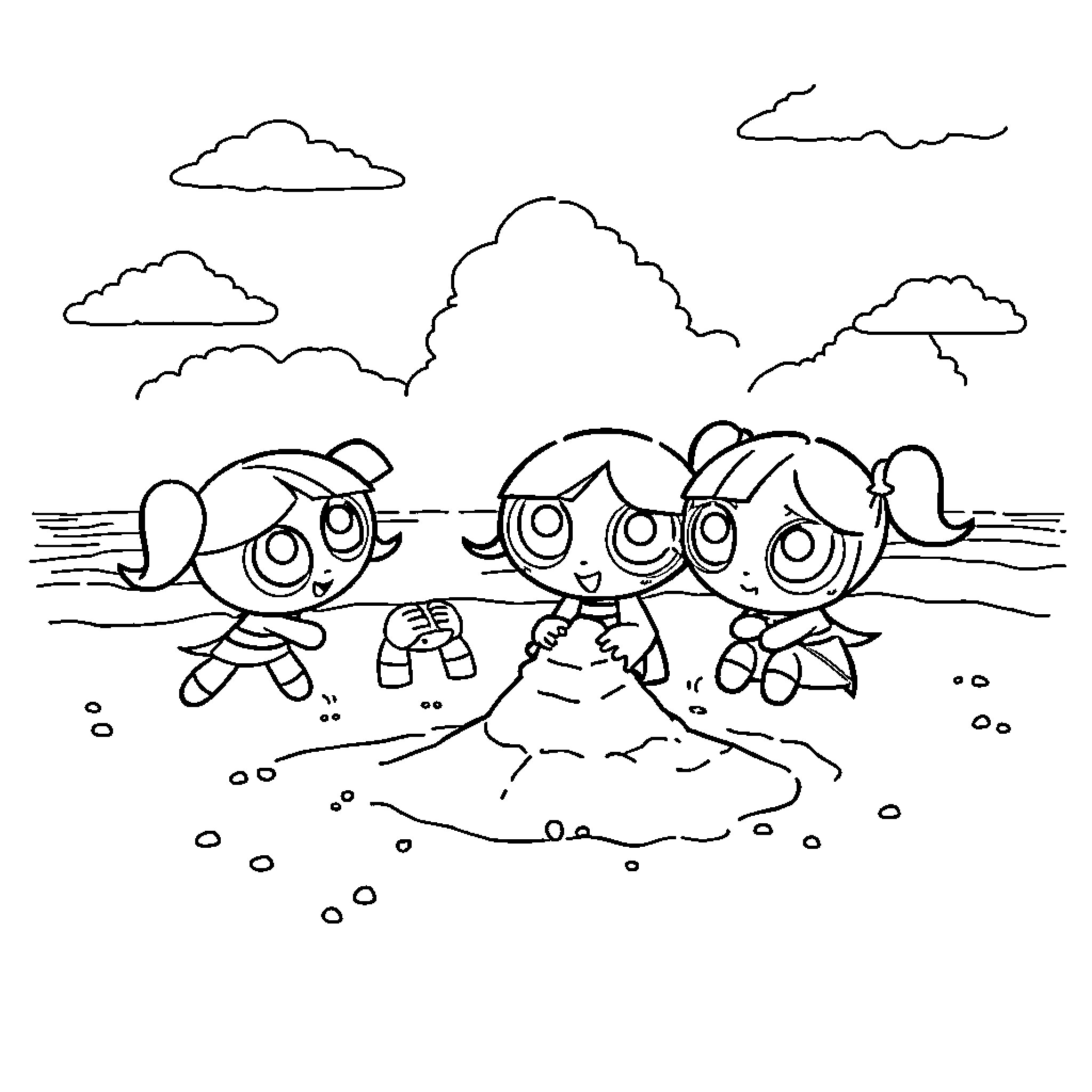 Powerpuff Girls playing together outdoors Coloring Page (free black-and-white line drawing printable PDF for all, from beginners to advanced learners, including children, teens, adults, and seniors)