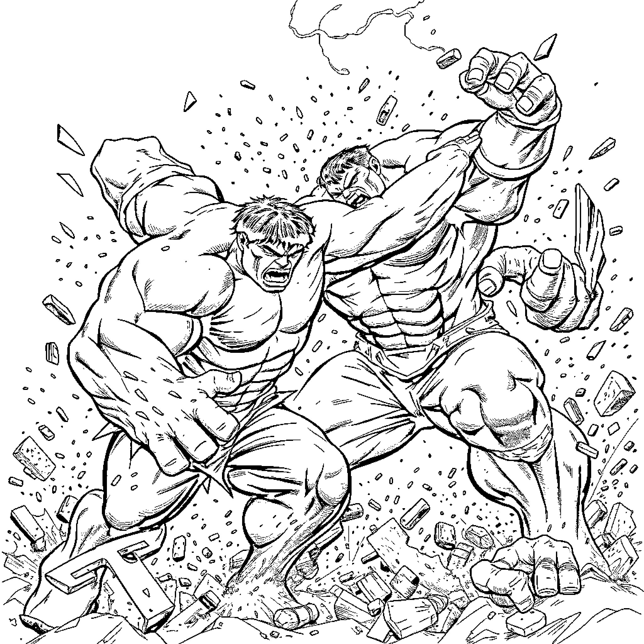 Hulk's Raging Strength Shatters the Surroundings Coloring Page (free black-and-white line drawing printable PDF for all, from beginners to advanced learners, including children, teens, adults, and seniors)
